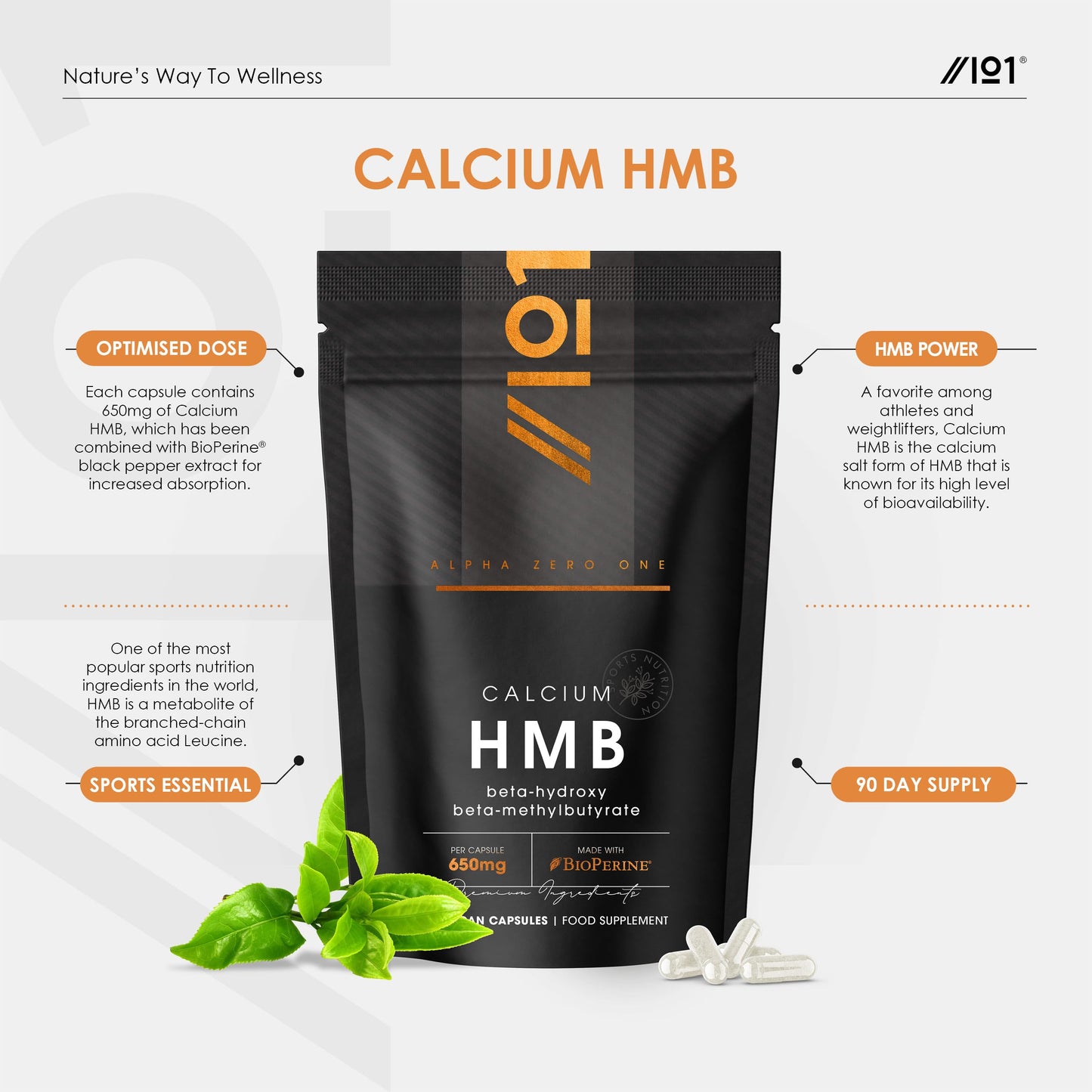 HMB 1300mg with BioPerine® – High Strength Calcium HMB Beta-Hydroxy Beta-Methylbutyrate Supplement – 90 Vegan Capsules – Resealable and Recyclable Pouch – by Alpha01