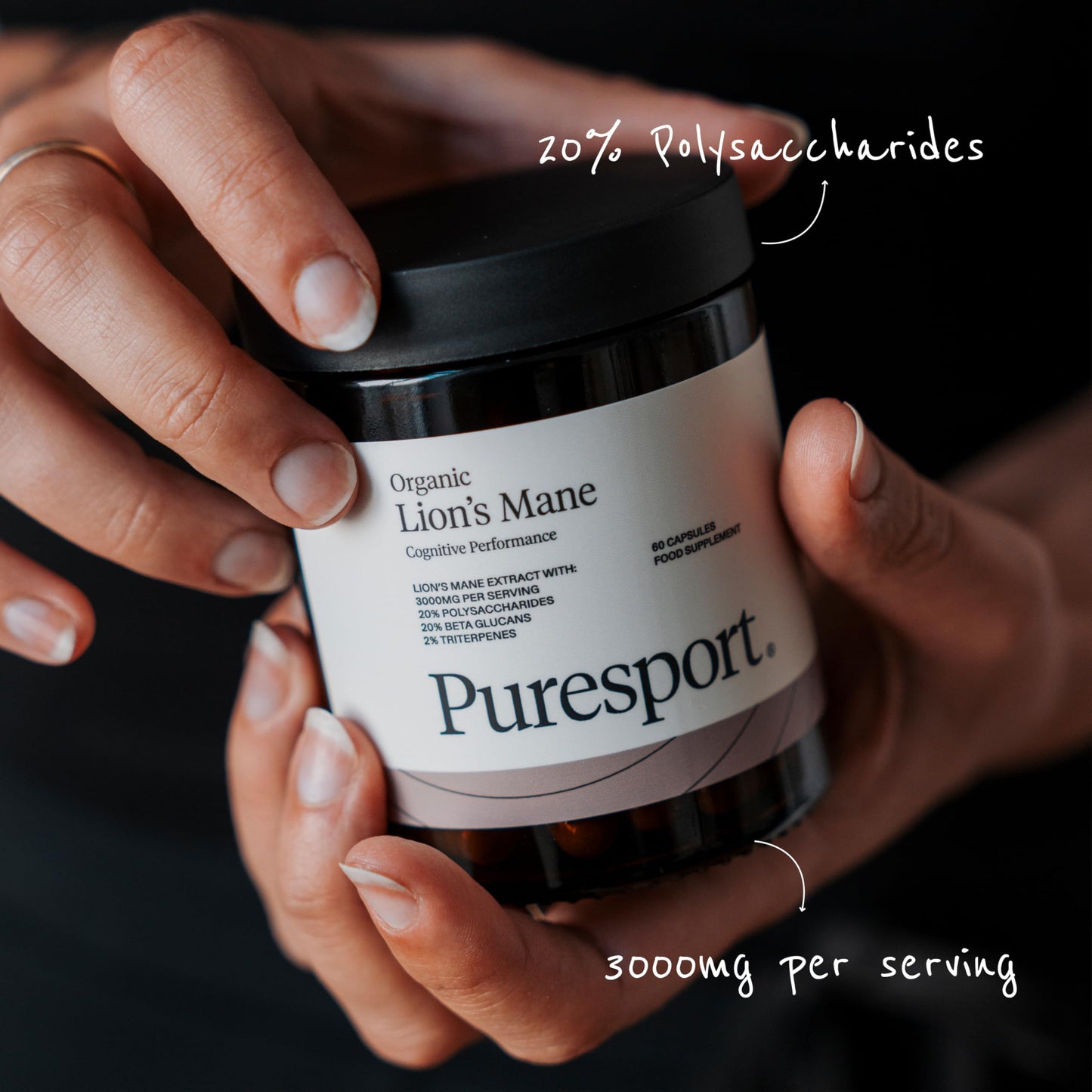 Puresport Lion's Mane Supplement | 60 Capsules | Lion's Mane Mushroom with 30% Polysaccharides | for The Brain Focus, Energy and Memory