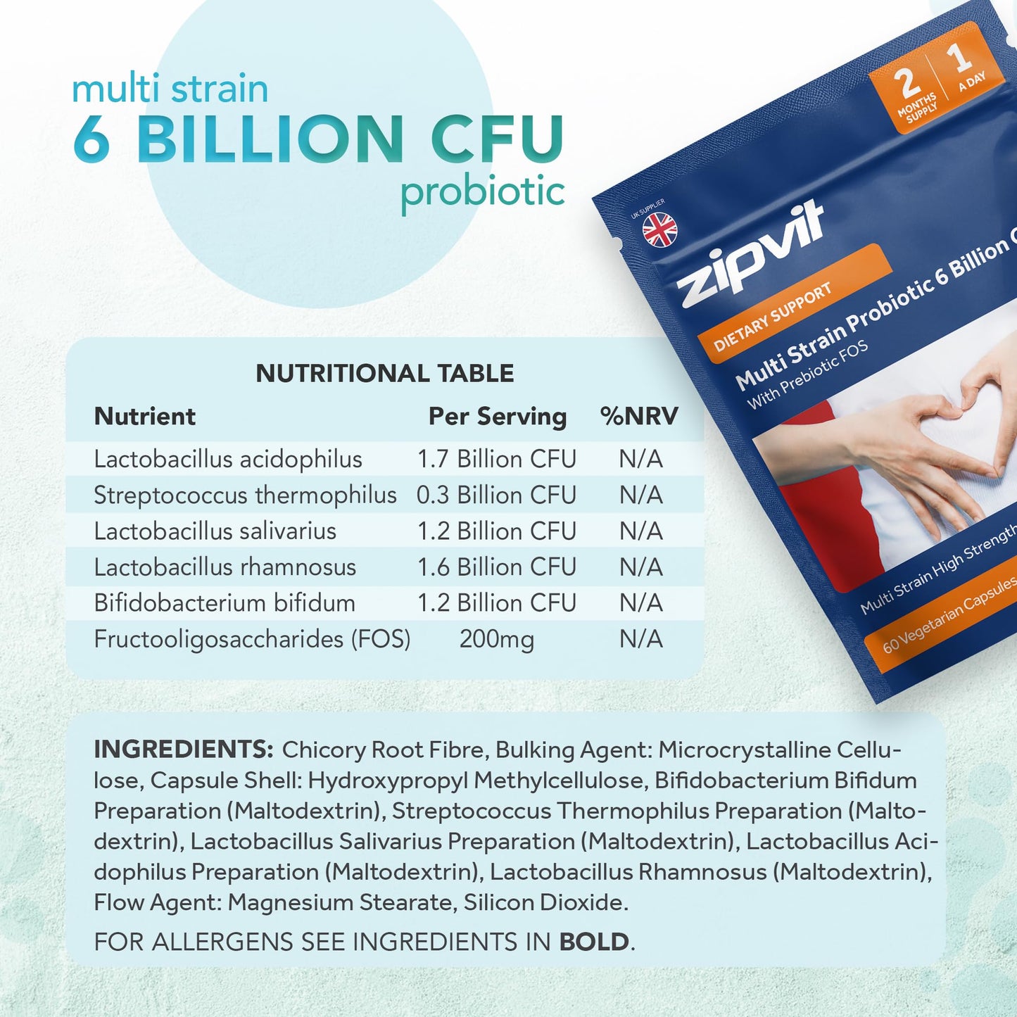 Zipvit Probiotic 6 Billion CFU with Prebiotic Pouch, Multi Strain Probiotics for Gut Health, 5 Strains Including Lactobacillus Acidophilus, 60 Vegetarian Capsules for Women & Men, 2 Month Supply
