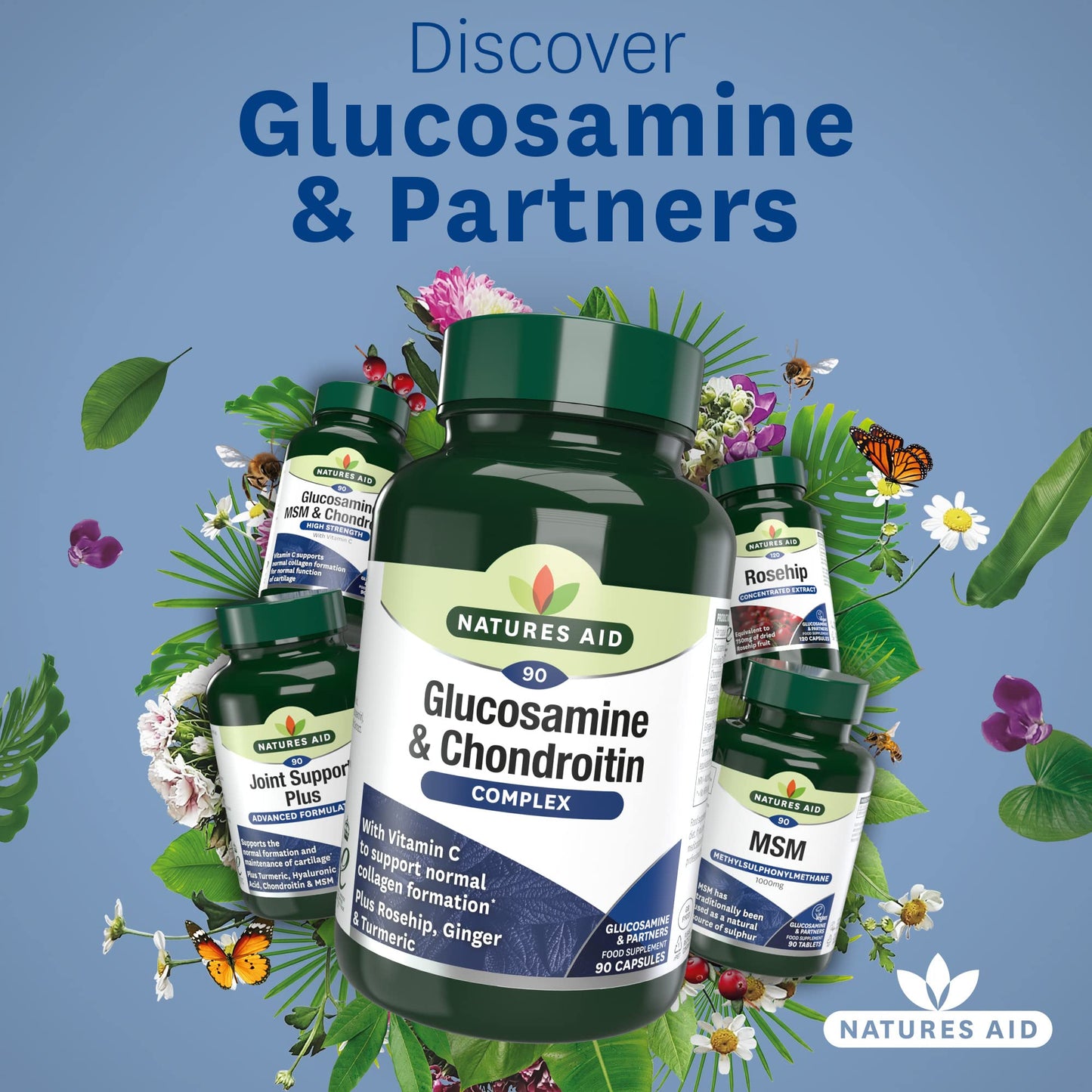 Natures Aid Glucosamine & Chondroitin Complex - Rosehip Ginger Turmeric Vitamin C Supplement - Joint Support Mobility, Flexibility & Cartilage Health - Non-GMO, Gluten-Free - 90 Capsules