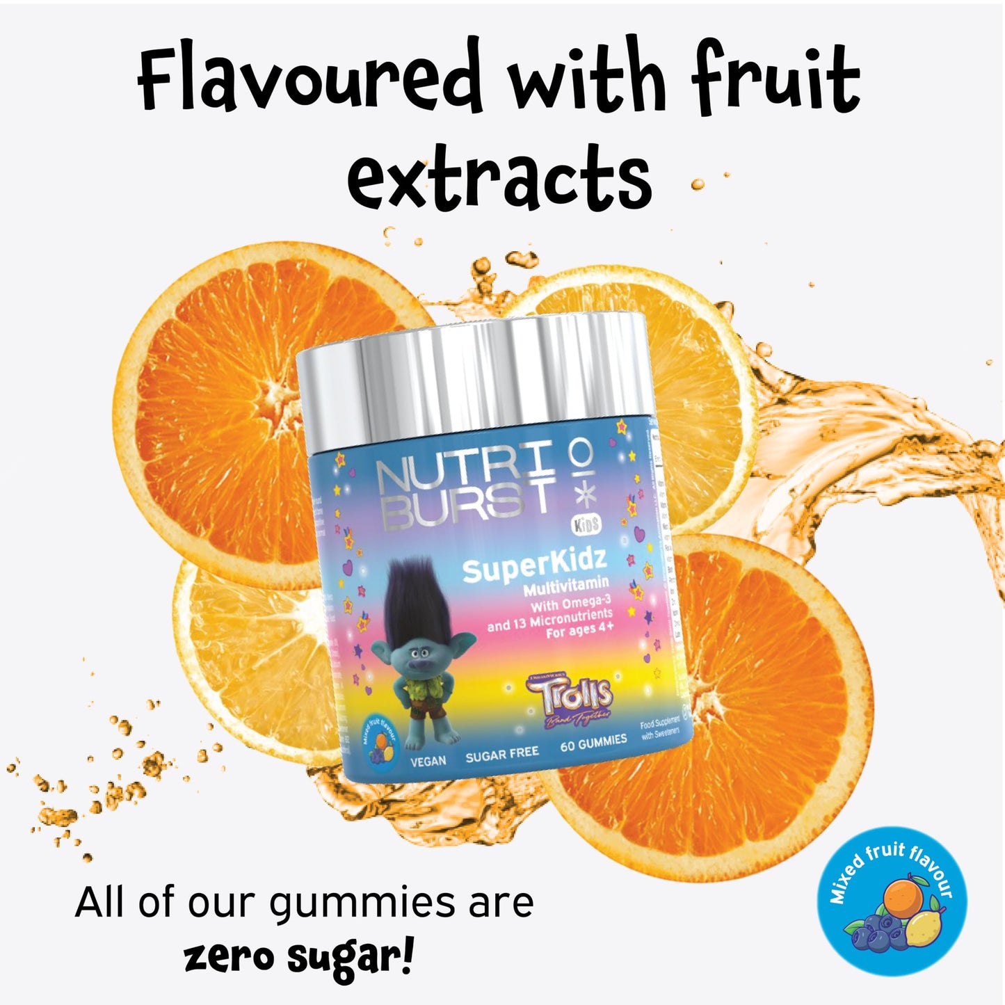 Nutriburst SuperKidz - Chewable Multivitamin for Health, Growth & Development - 13 Essential Nutrients: Vitamin A, B12 C, D3, E, Iron, Omega-3 - Vegan + Sugar Free - Orange Flavour - 30 Gummies