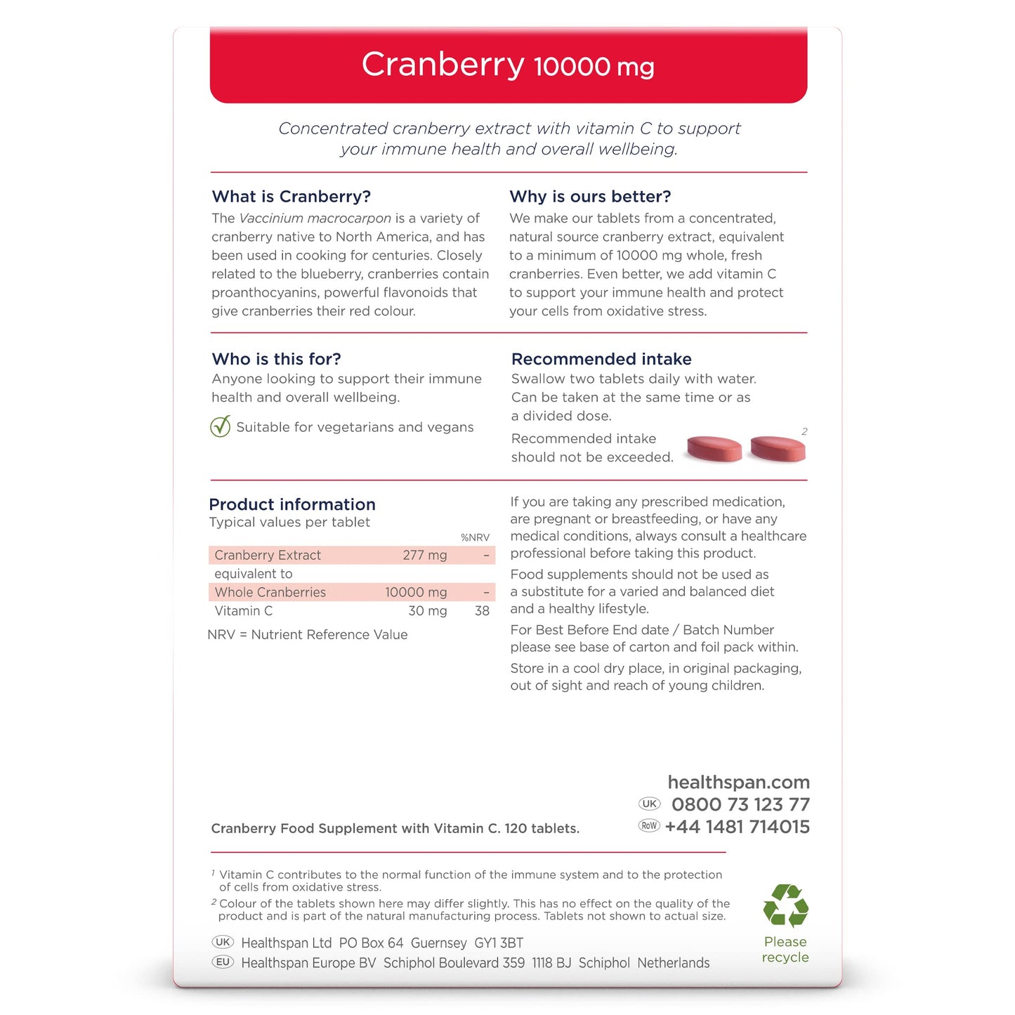 healthspan Healthspan Cranberry 10,000mg | 120 Tablets | 10,000mg Whole Cranberries | Added Vitamin C | Immune Health | Vegan