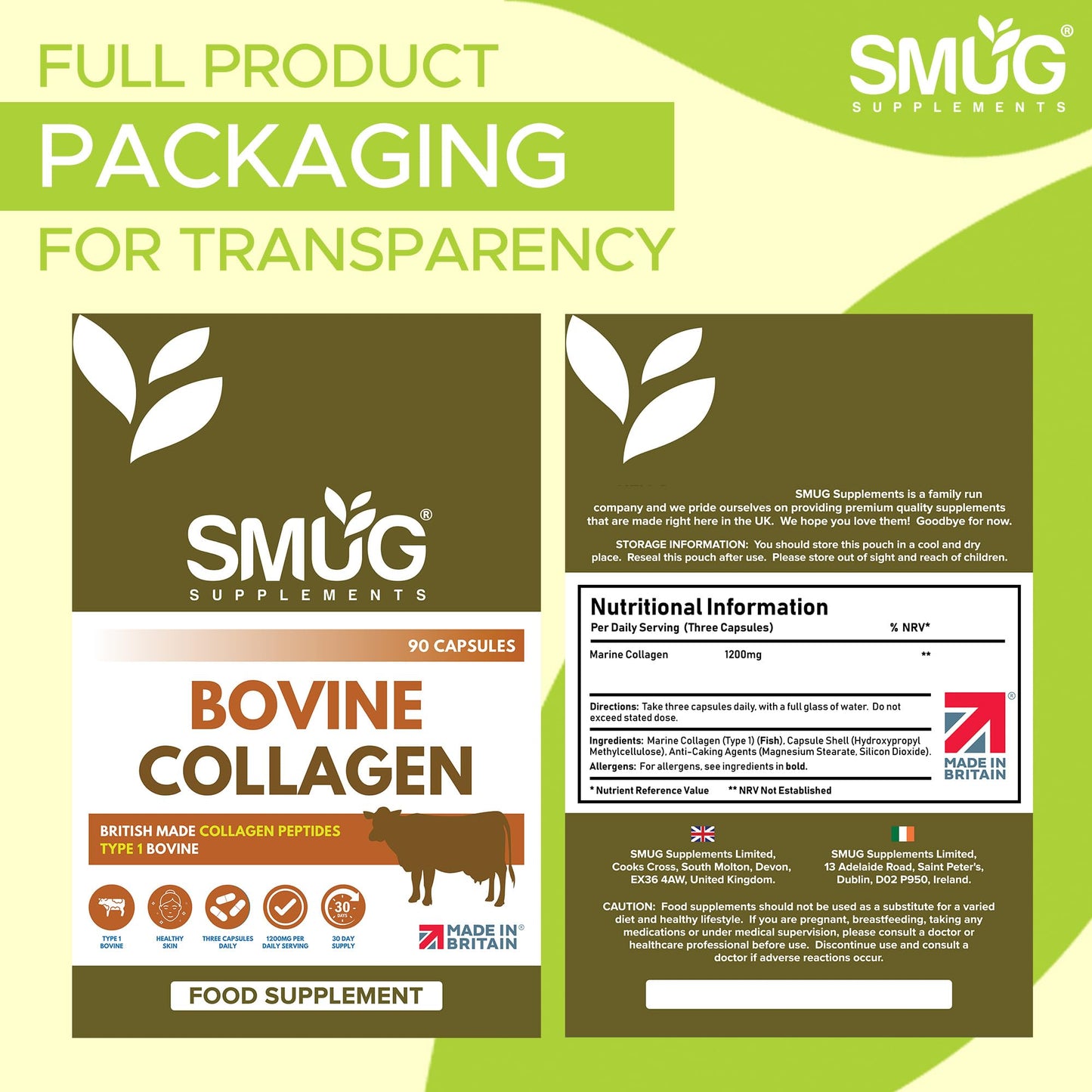 Bovine Collagen British Made by SMUG Supplements - 90 Capsules - Type 1 Peptides - 1200mg Daily Serving of Collagen Powder in Three-a-Day Capsules - 30 Day Supply - Suitable for Both Men and Women