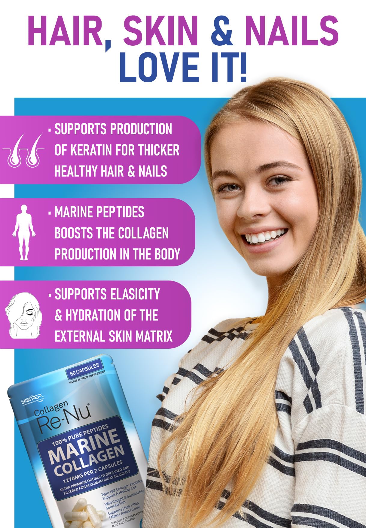 Skin Pep 100% Pure Marine Collagen 120 Capsules - 1270mg (Not Collagen Powder) - 2 Months Supply - Collagen Supplements for Women & Men - Premium Double Hydrolysed Type 1 Collagen Peptides by SkinPep