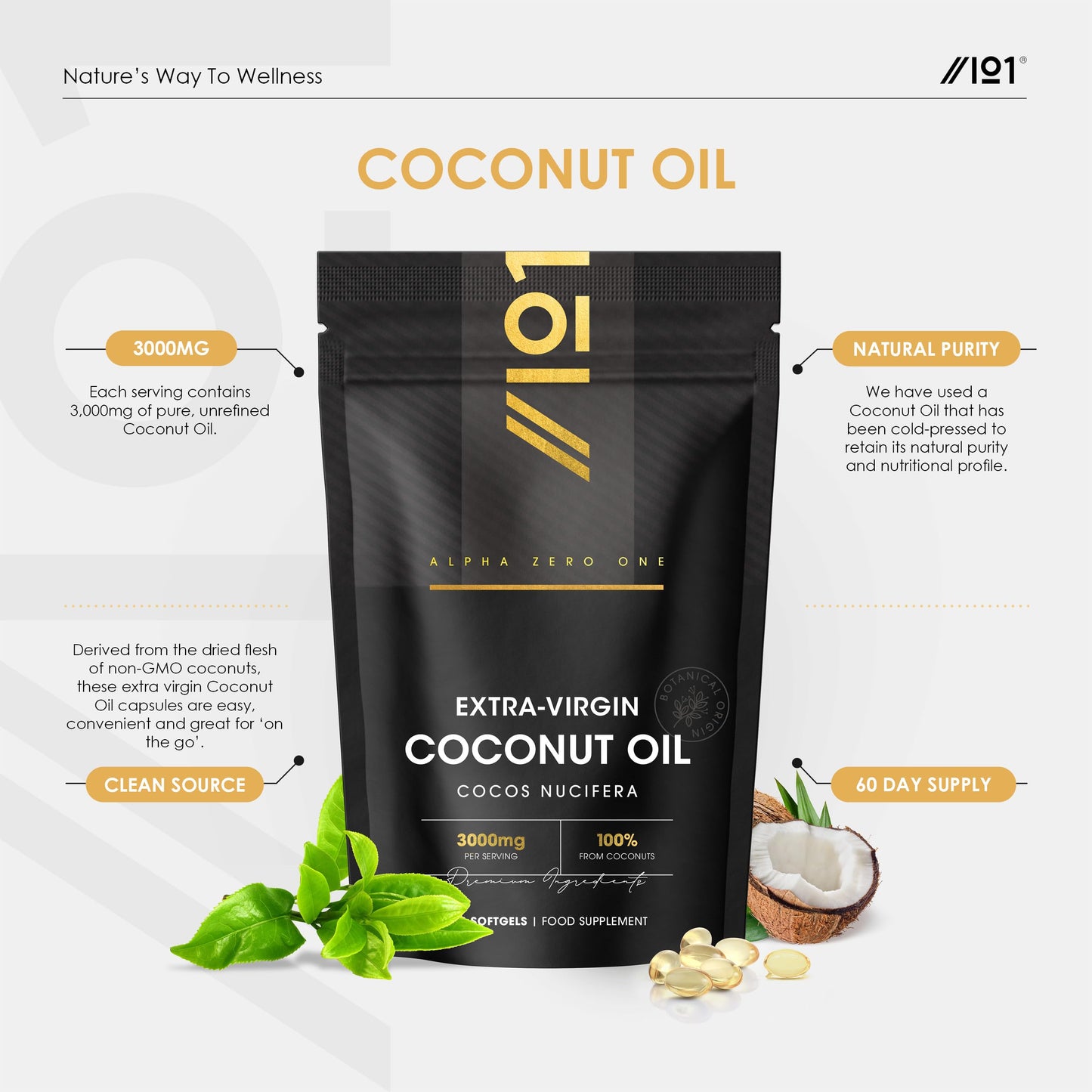 Coconut Oil Capsules 3000mg – 180 Softgels – Cold Pressed Extra Virgin Coconut Oil – Resealable and Recyclable Pouch by Alpha01