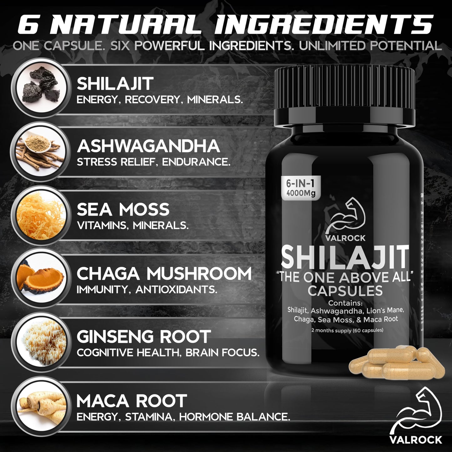 Shilajit 6-in-1 Capsules 4,000mg - Added Ashwagandha, Maca Root, Chaga & Sea Moss. 60 High Strength Muscle Building Capsules (2 Months Supply)