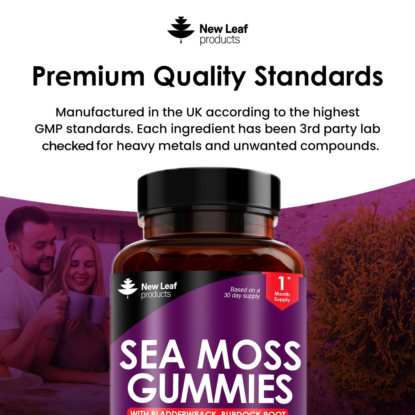 NEW LEAF PRODUCTS Sea Moss Gummies - 60 Gummies Enriched with Irish Sea Moss, Burdock Root and Bladderwrack - High Strength 3000mg Vegan Vitamin Gummies - Seamoss Gummies Made in UK by New Leaf