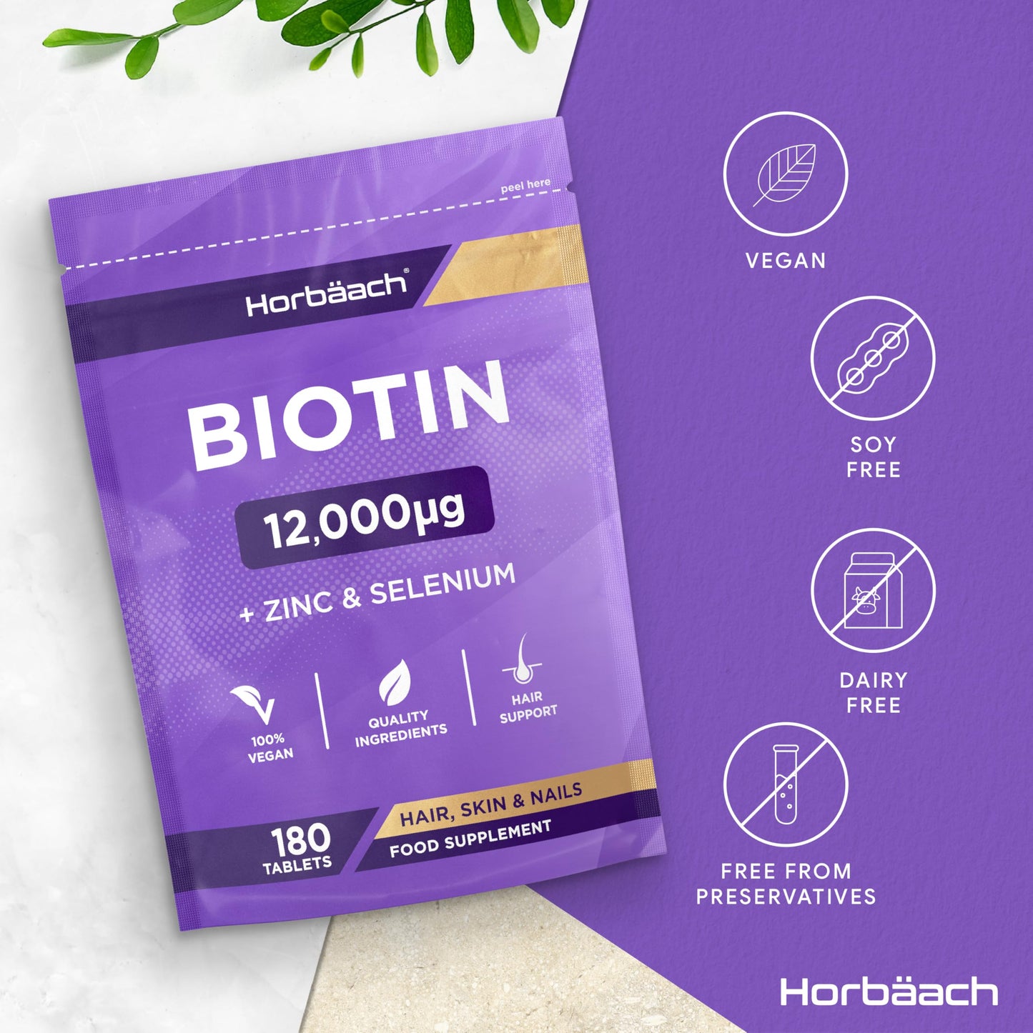 Horbäach Biotin Tablets 12000ug | 180 Count | High Strength Complex with Zinc and Selenium | Vegan Supplement | by Horbaach