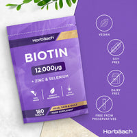 Horbäach Biotin Tablets 12000ug | 180 Count | High Strength Complex with Zinc and Selenium | Vegan Supplement | by Horbaach