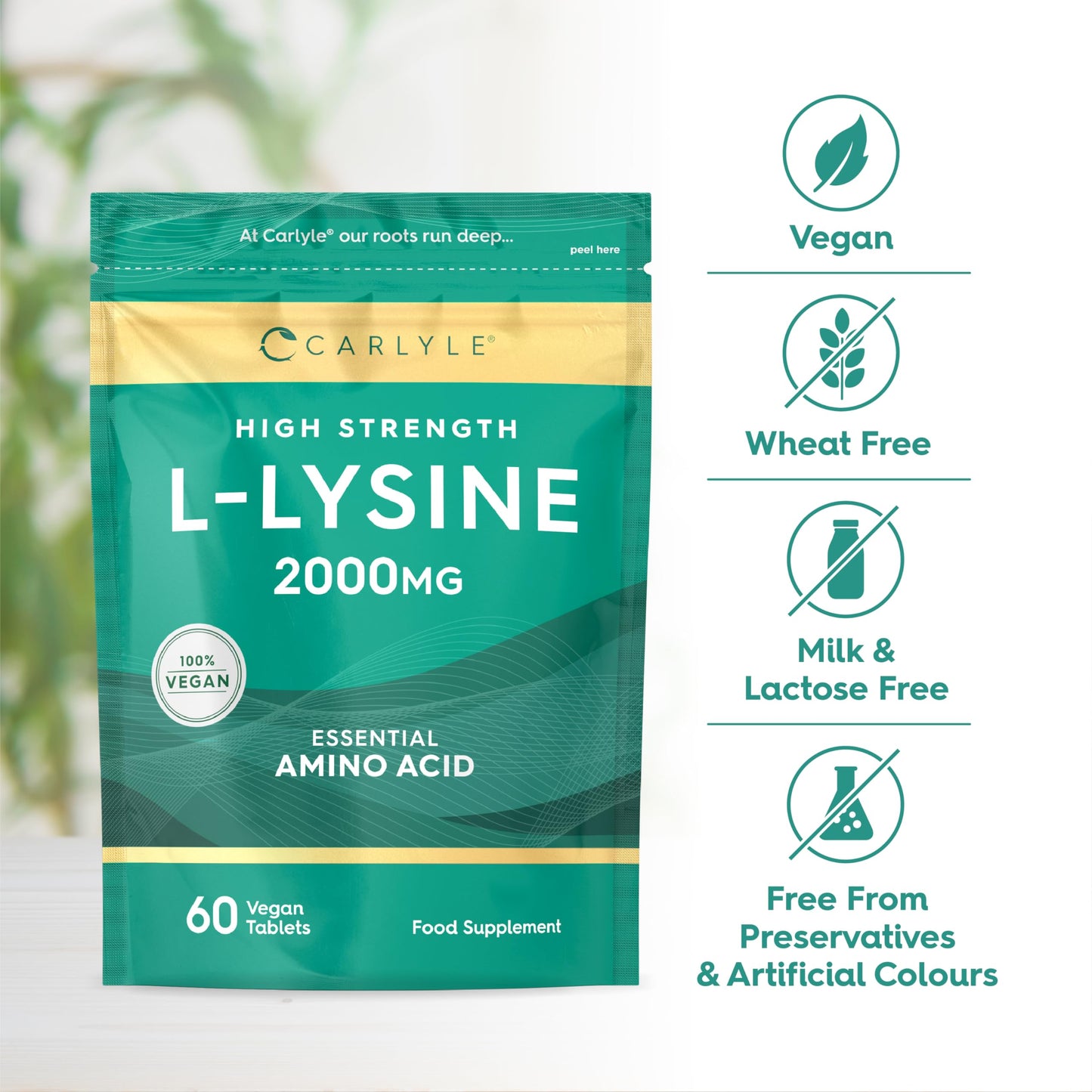 L-Lysine 2000mg Tablets | 60 Count | High Strength Vegan Supplement | Essential Amino Acid | by Carlyle