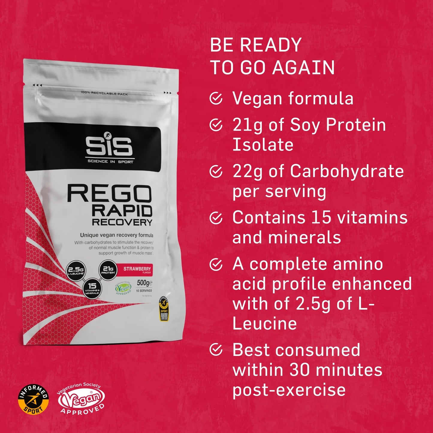 Science In Sport REGO Rapid Recovery Protein Powder, Strawberry Protein Powder with Added L-Leucine, Vitamins and Minerals for Muscle Recovery, 10 Servings, 500g