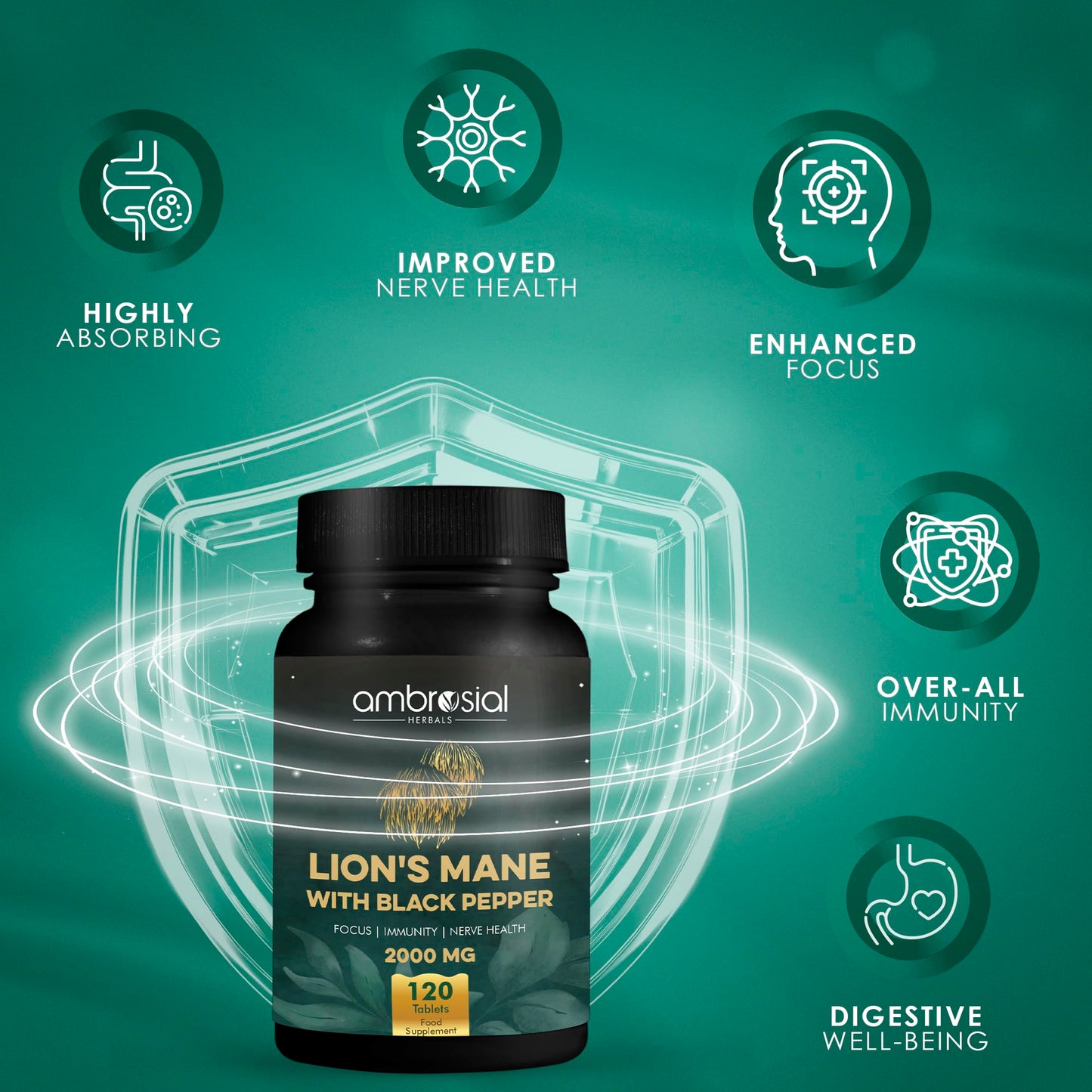 AMBROSIAL Ambrosial Lion's Mane with Black Pepper - 2000 mg - Enhances Focus, Boosts Immunity, and Supports Nerve Health - Highly Absorbent 100% Organic Lion's Mane Extract - 120 Tablets