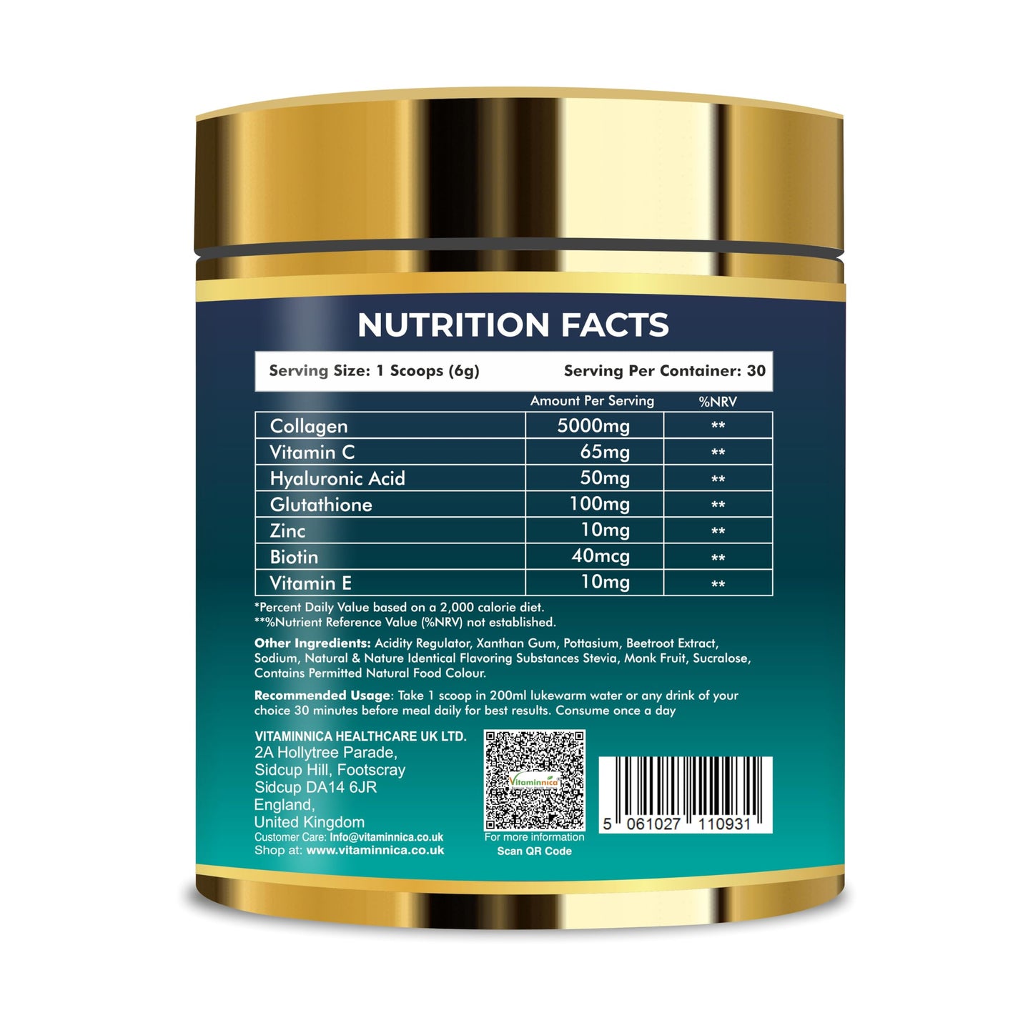 Vitaminnica Vita Beauty Collagen Powder Type I & III - 180g-30 Servings | Skin, Muscles, Joints & Gut Health (Mango)