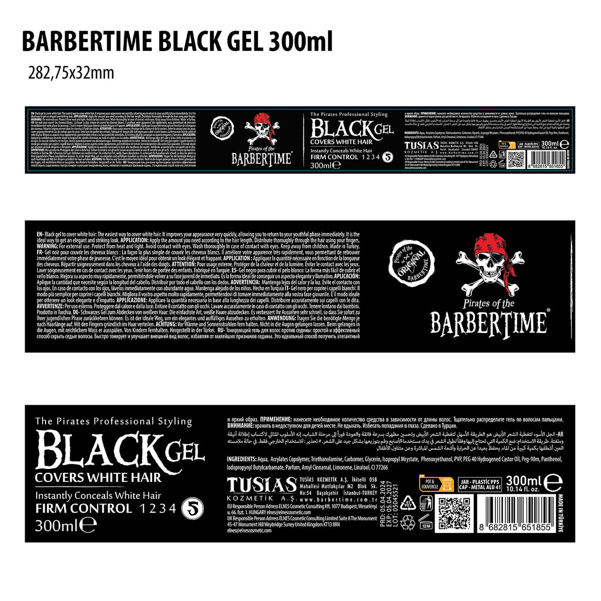 Barbertime UK Barbertime Hair Styling Gel | Temp Black Colouring Gel | Strong Hold Hair Coloring Covering Gel For Grey White Hair 300ml