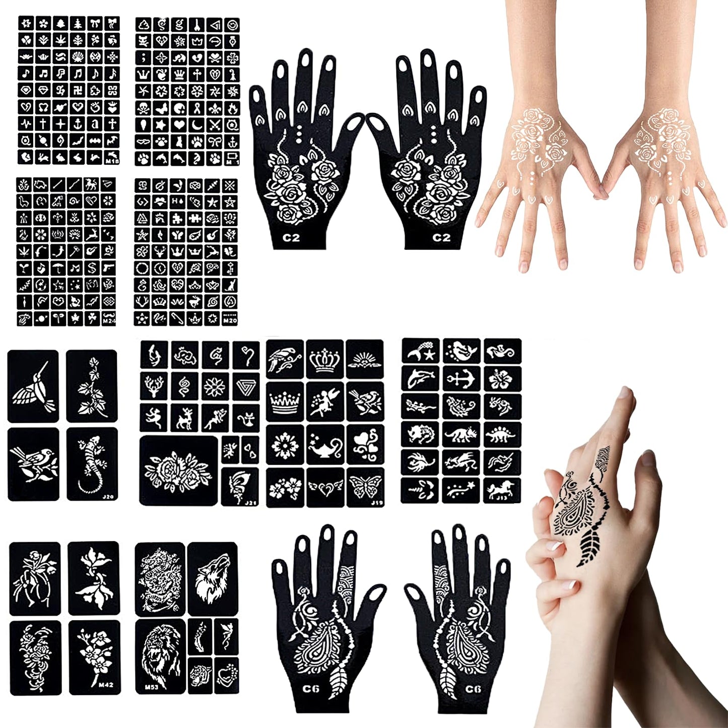 SHEBEEDO Tattoo Stencils kit,14 Sheets of Temporary Tattoos for Women,Indian and Arabian Temporary Tattoos for Finger Hands Body Painting,Realistic Semi - Permanent Fake Tattoos