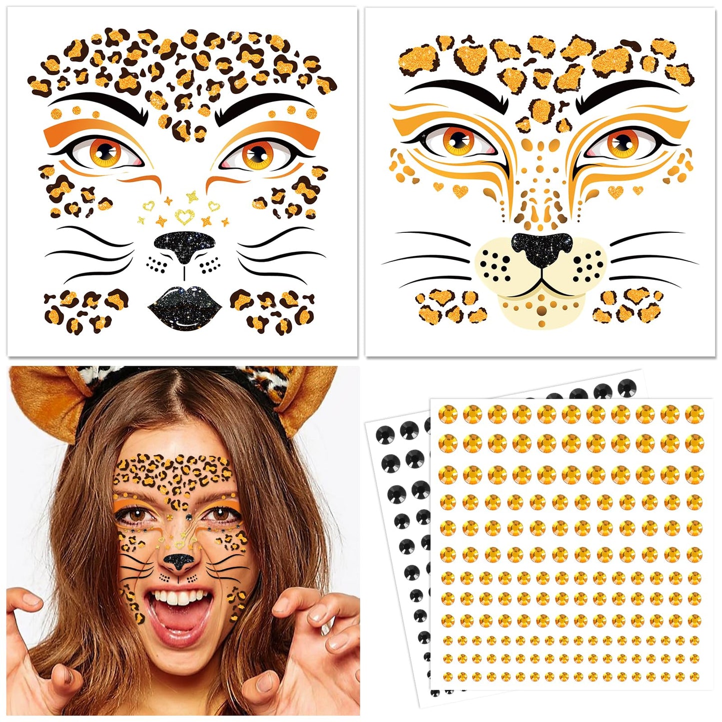 DPKOW Leopard Face Tattoos & Gems, Temporary Tattoos & Face Gems for Kids & Adults, Waterproof, Leopard Print