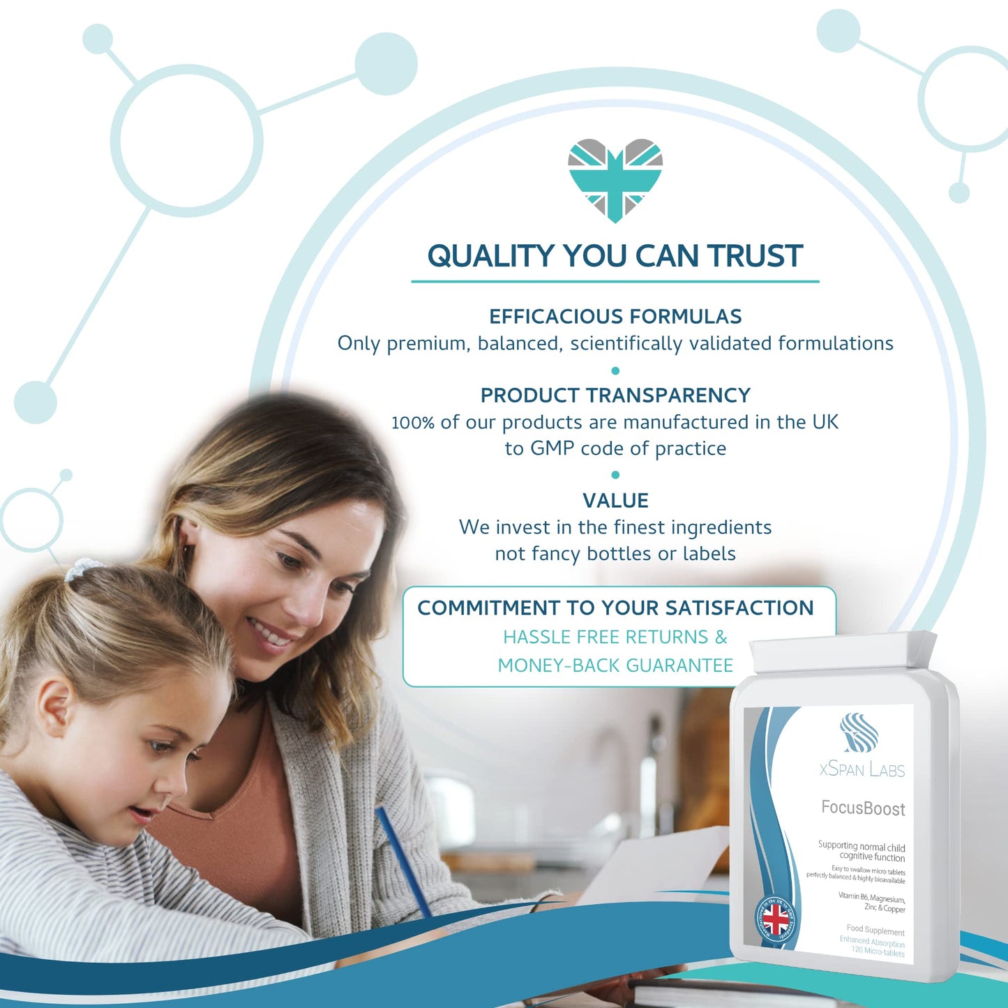 Xspan Labs FocusBoost 120 Highly bioavailable Micro-Tablets - Magnesium Citrate, Zinc Picolinate, Copper Glycinate & Vitamin B6 Balanced for Children and Adults - Superior Absorption - Vegan Friendly - UK Made
