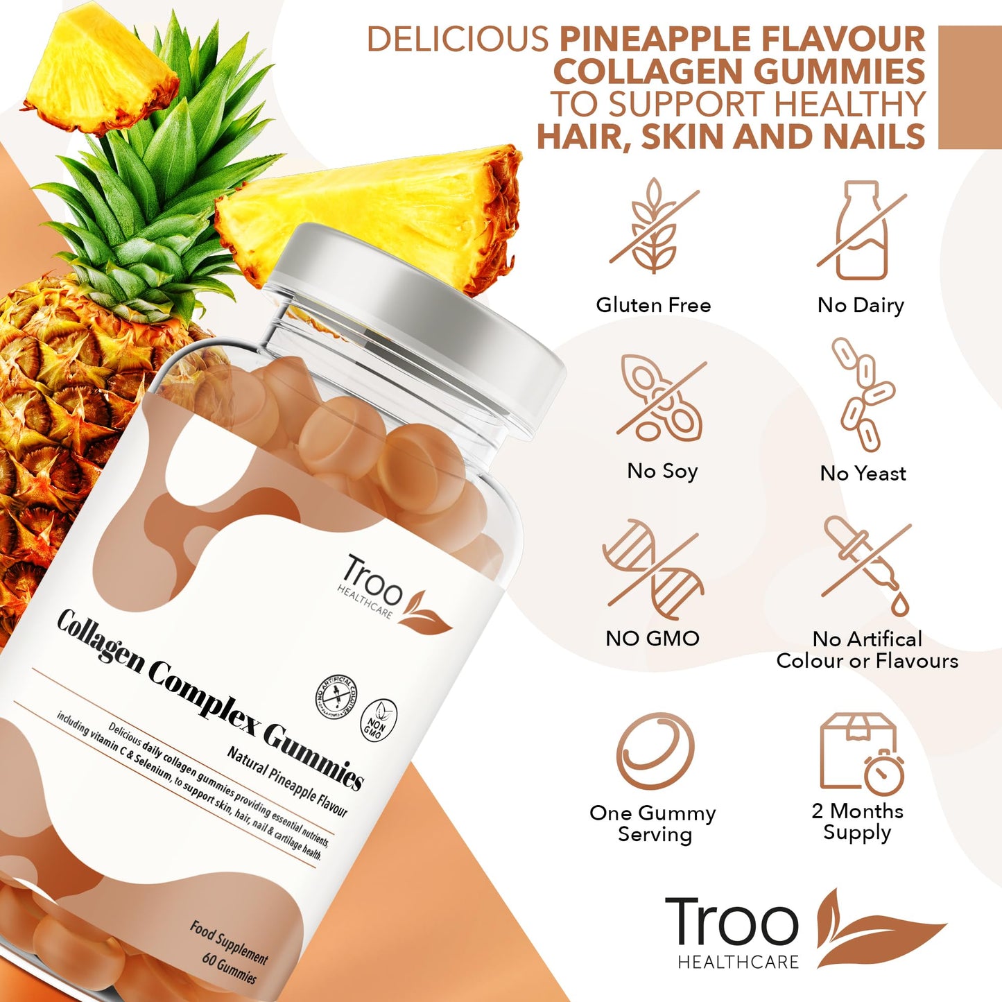 Troo Health Care Collagen Complex - 60 Natural Pineapple Flavour Chewable Gummies - One Per Day Hydrolysed Collagen with Biotin, Vitamin C and Selenium - Three Months Supply – Healthy Skin and Hair for Men and Women