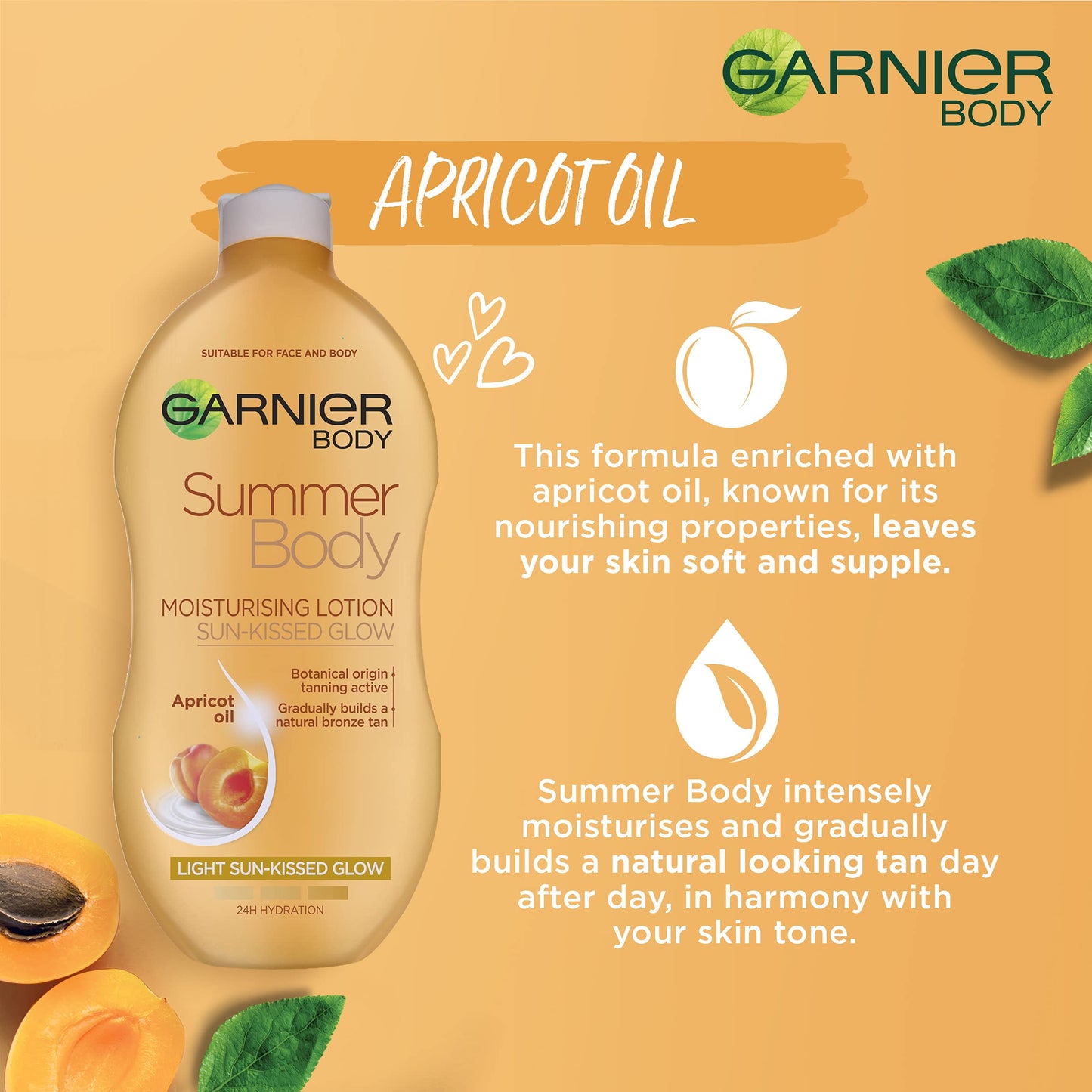 Skinactive Body Garnier Summer Body Gradual Self Tan Moisturiser Light, Hydrating Tanning Lotion for a Glowing Sunkissed Tan 250 ml