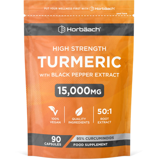 Horbäach Turmeric and Black Pepper Capsules 15,000mg | High Strength 95% Curcuminoids | 90 Vegan Capsules | Turmeric Root Extract Supplement | by Horbaach