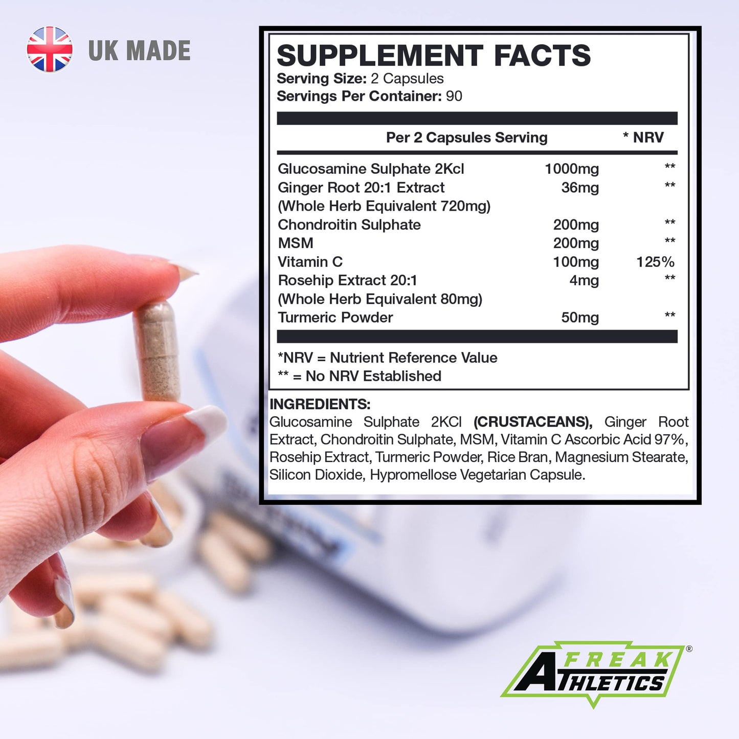 Freak Athletics Glucosamine and Chondroitin High Strength Complex - with MSM, Rosehip, Ginger & Turmeric