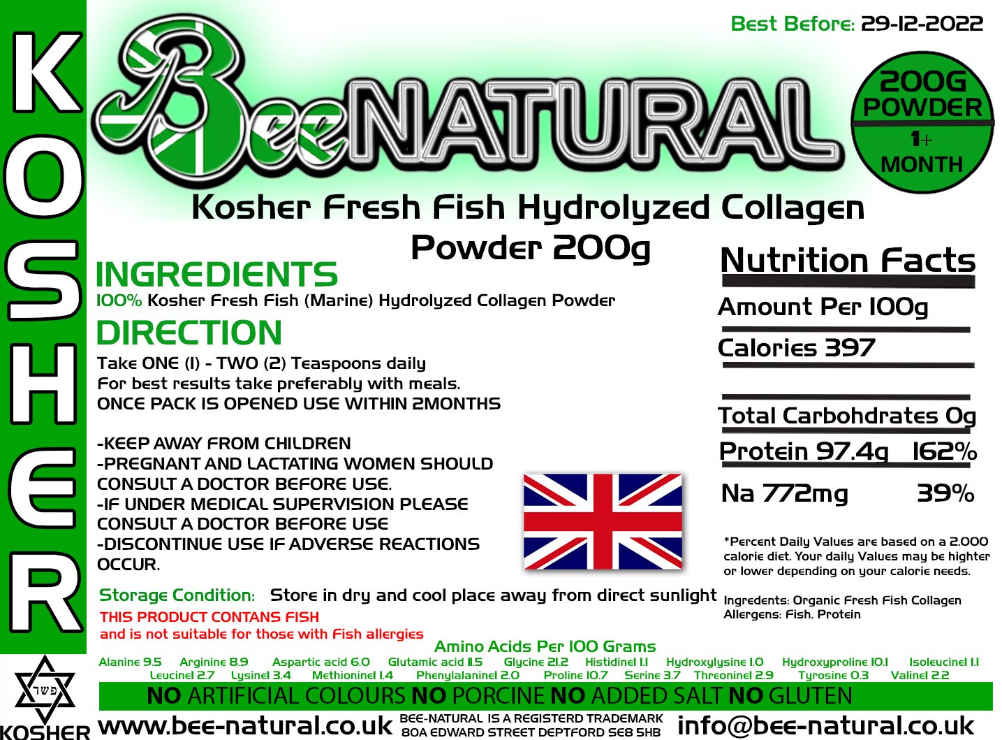 Bee-natural Kosher Hydrolyzed Marine Collagen Powder 200g