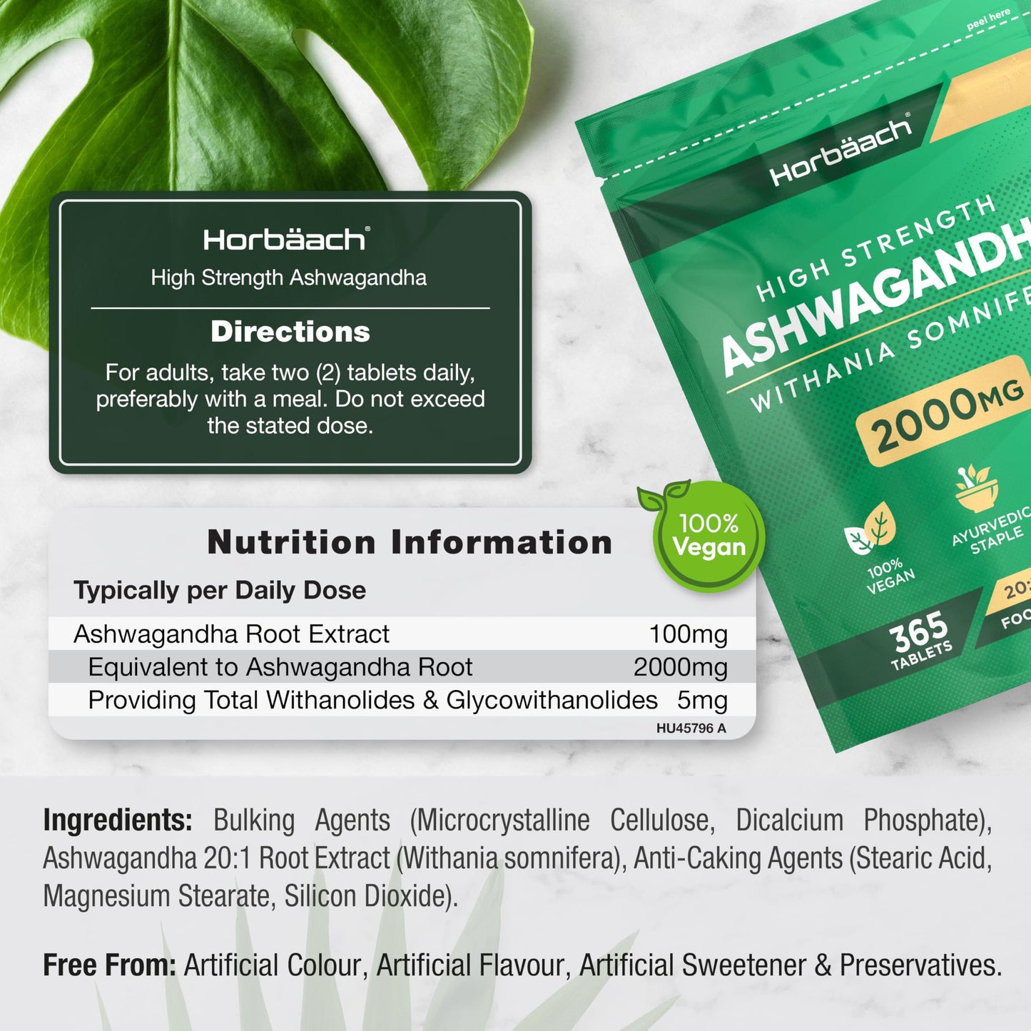 Ashwagandha Tablets | High Strength 2000mg Ashwagandha Root | Suitable for Men & Women | 365 Vegan Tablets | by Horbaach