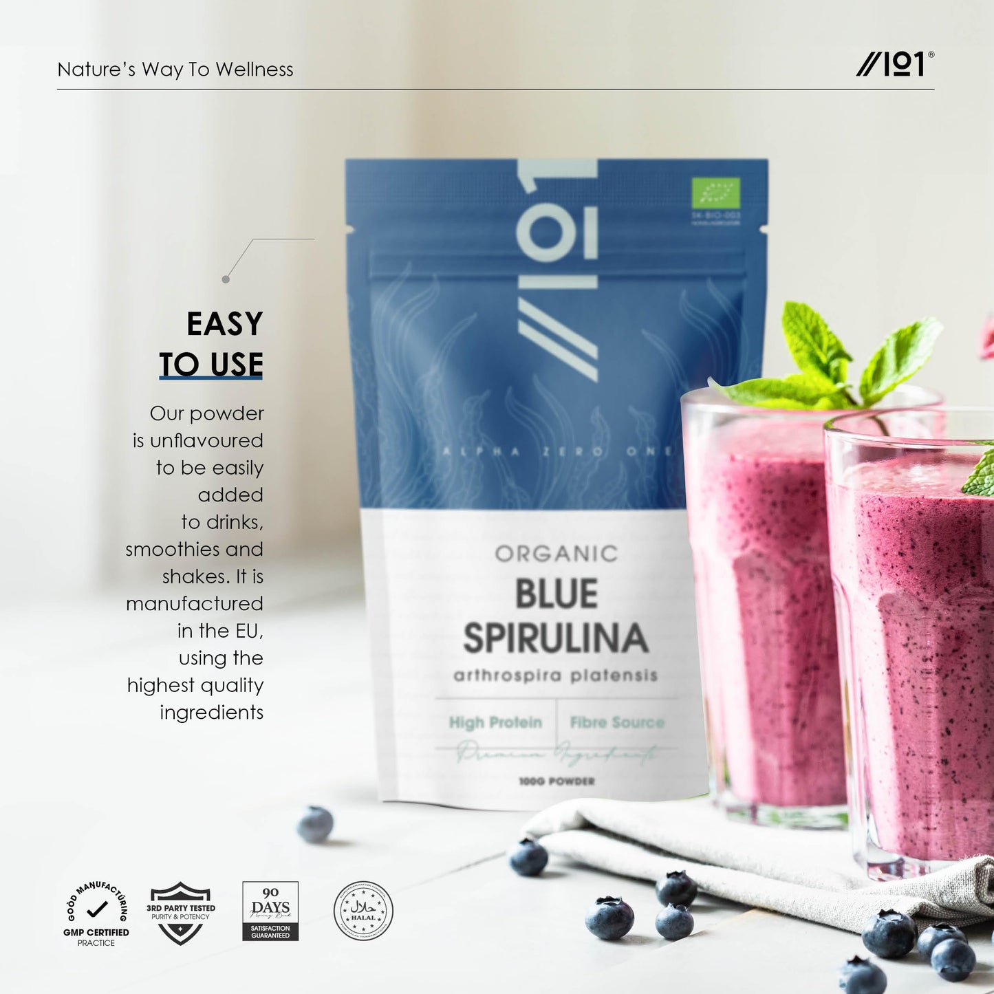 Organic Blue Spirulina Powder 100g – 100% Pure Phycocyanin – No Added Sugar – Resealable and Recyclable Pouch – by Alpha01®