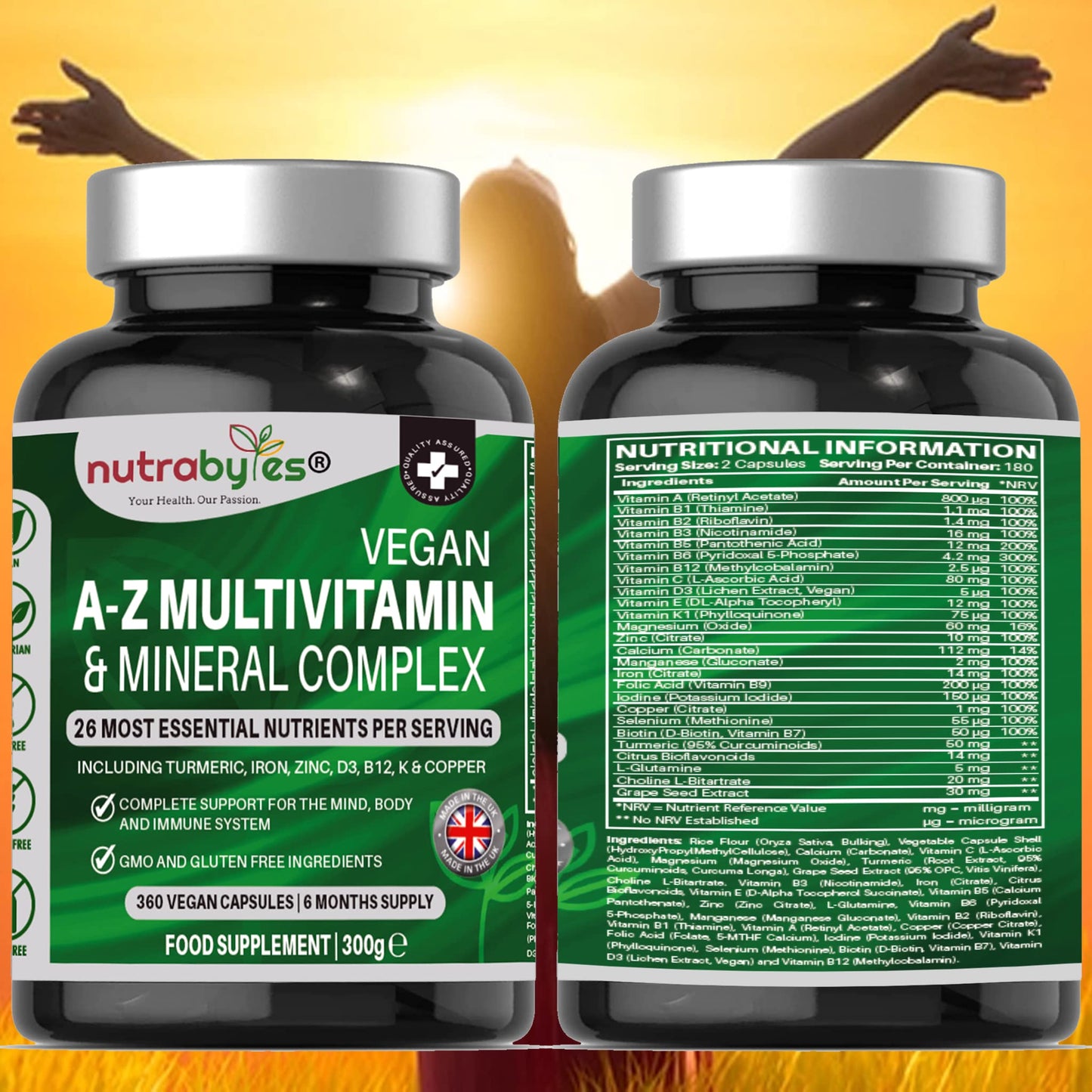 Nutrabytes Vegan Multivitamin and Mineral Complex, 360 Vegan Multivitamin Capsules for Women and Men, 26 Essential Vitamins and Minerals, Natural, 100% Plant Based, Made in UK