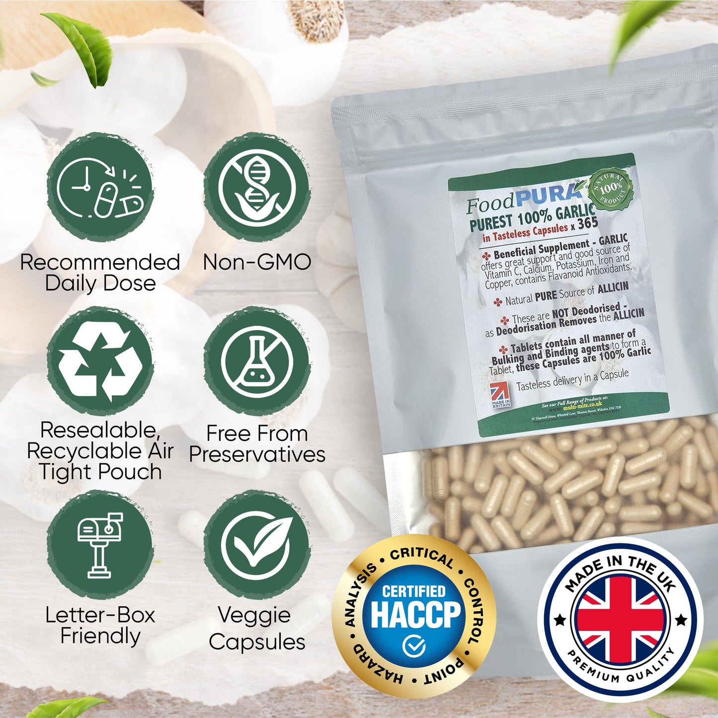 FoodPURA Pure Garlic Capsules Recommended Daily Strength 1000mg HACCP Certified, Manufactured in The UK by FoodPURA 1 Pack of 365 Capsules