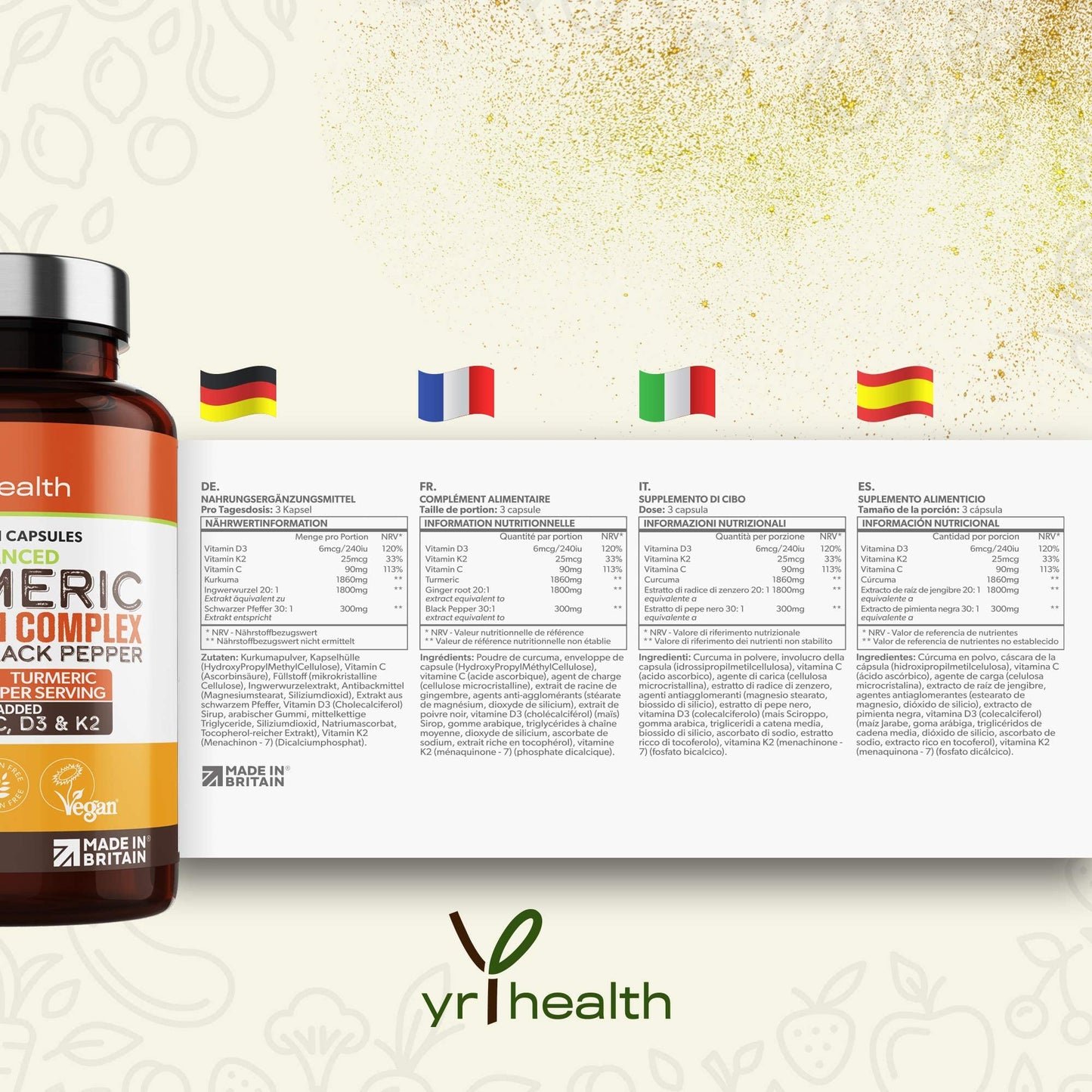 yrhealth Turmeric Capsules High Strength 1860mg with Black Pepper, Ginger, Vitamin C & D for Immune System & Joints Plus K2 Mk7-120 Vegan Capsules Premium Turmeric Curcumin – Made in The UK By YrHealth