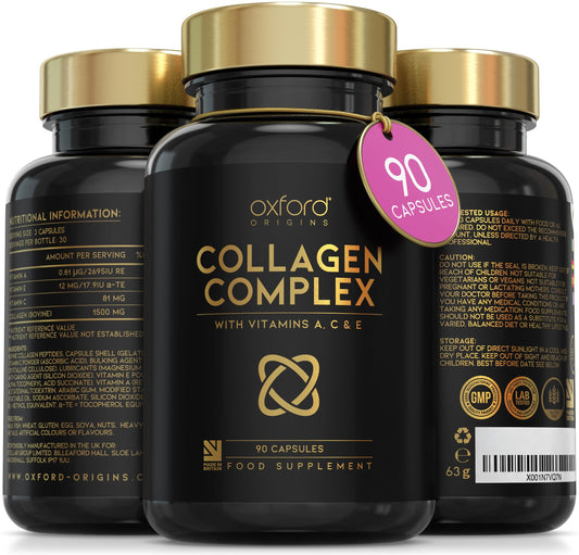 Advanced Collagen Complex | 1593mg Vitamin Boosted Complex for Glowing Hair, Skin & Nails | 90 High Strength Capsules | Premium Bovine Supplements for Women & Men, Made in The UK