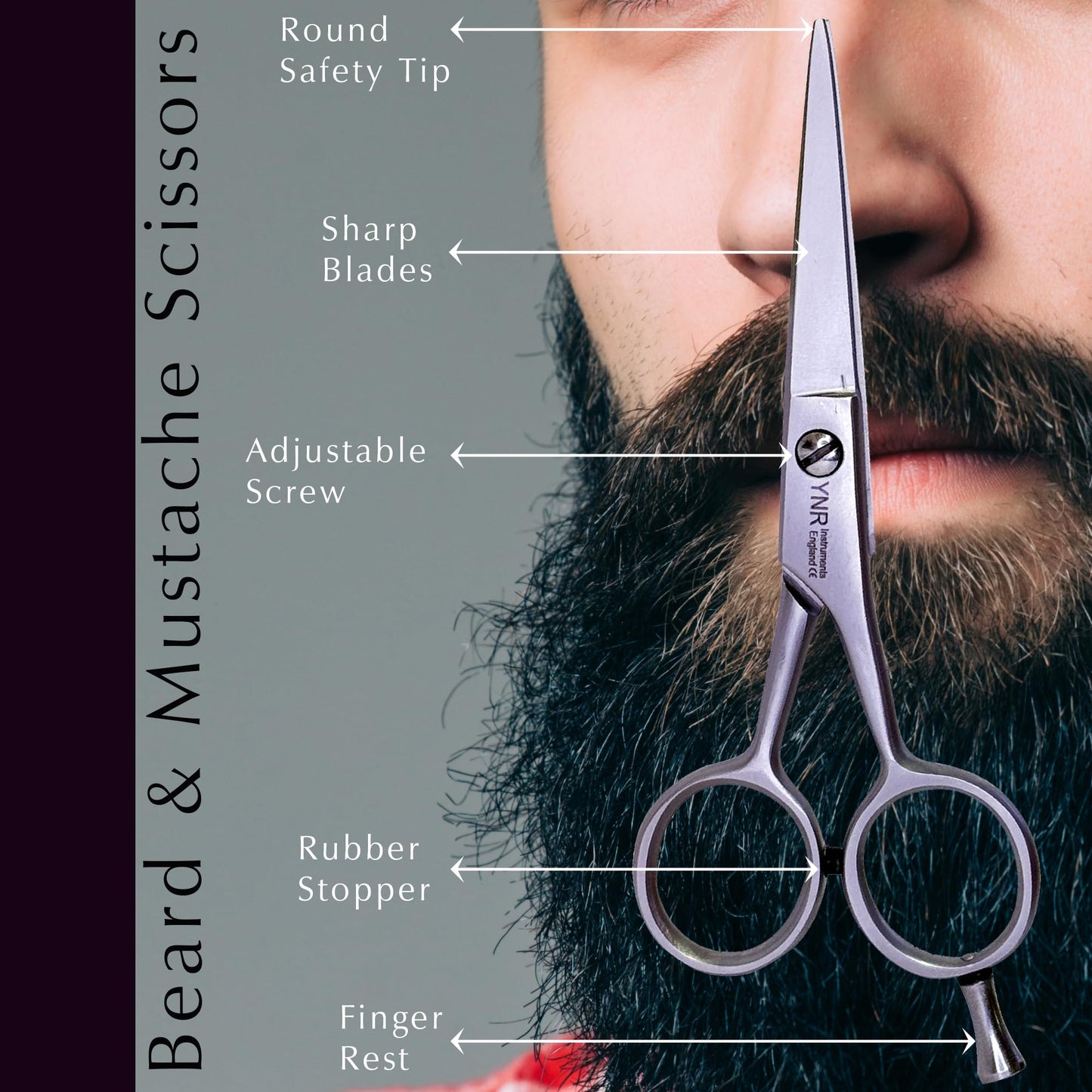 YNR Instruments England | Beard Moustache Scissors | Professional German Steel Mustache Trimming | Hand Forged Precision Edge Men Facial Hair Grooming Kit All Body Hair (Black)