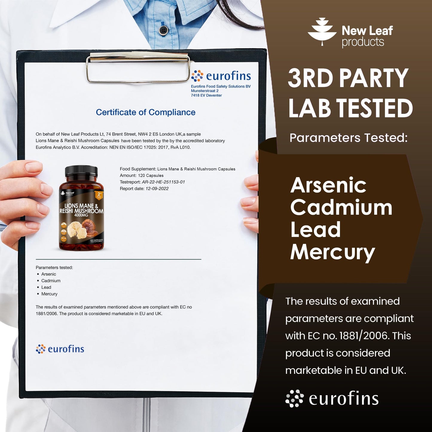 Lions Mane & Reishi Mushroom Capsules - High Strength 4000mg Lions Mane Supplement with Reishi - 120 Vegan Lions Mane Mushroom Powder + Reishi Mushroom Capsules - Made in UK by New Leaf