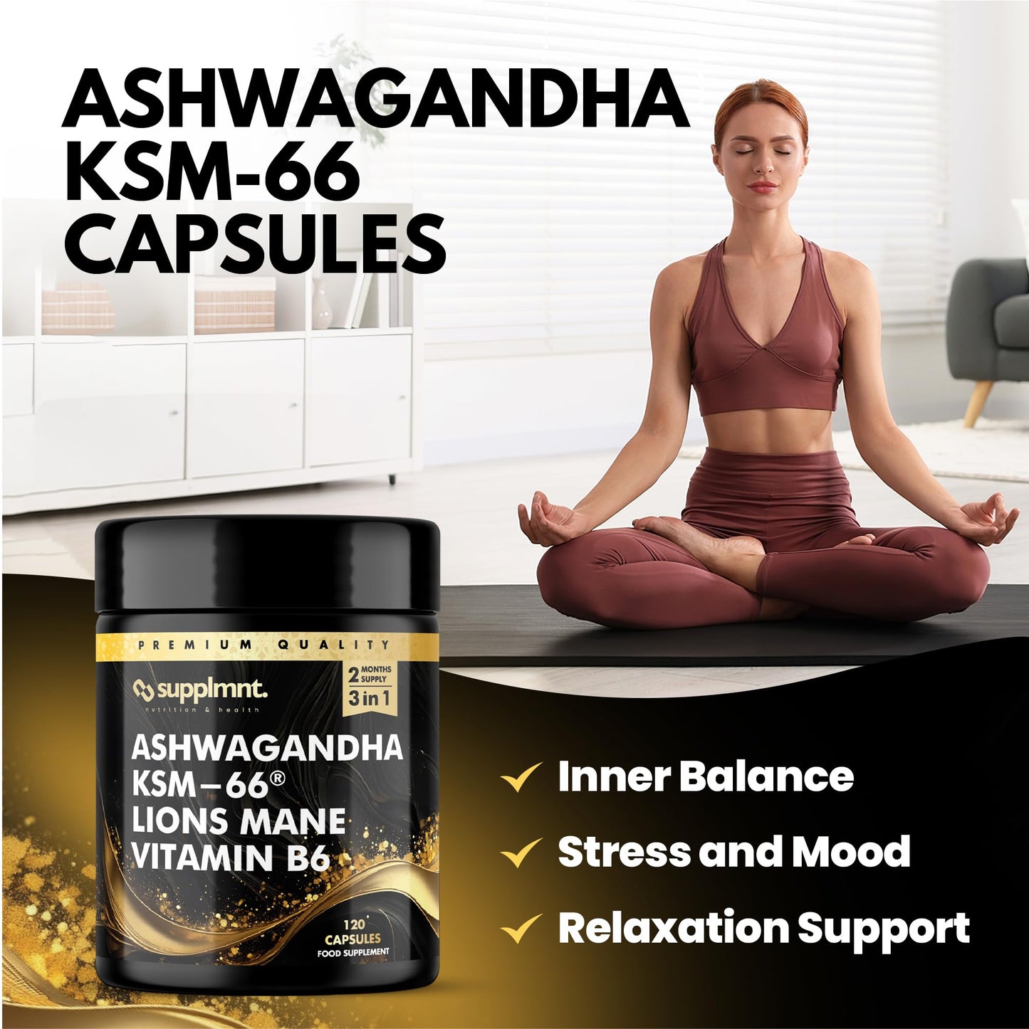 supplmnt. Ashwagandha KSM-66, Lions Mane & Vitamin B6 Capsules - High Strength 2000mg KSM-66 Ashwaghandha Root Extract & Lions Mane Mushroom with Vitamin B6 2-120 Vegan Capsules with Black Pepper - 2 Months