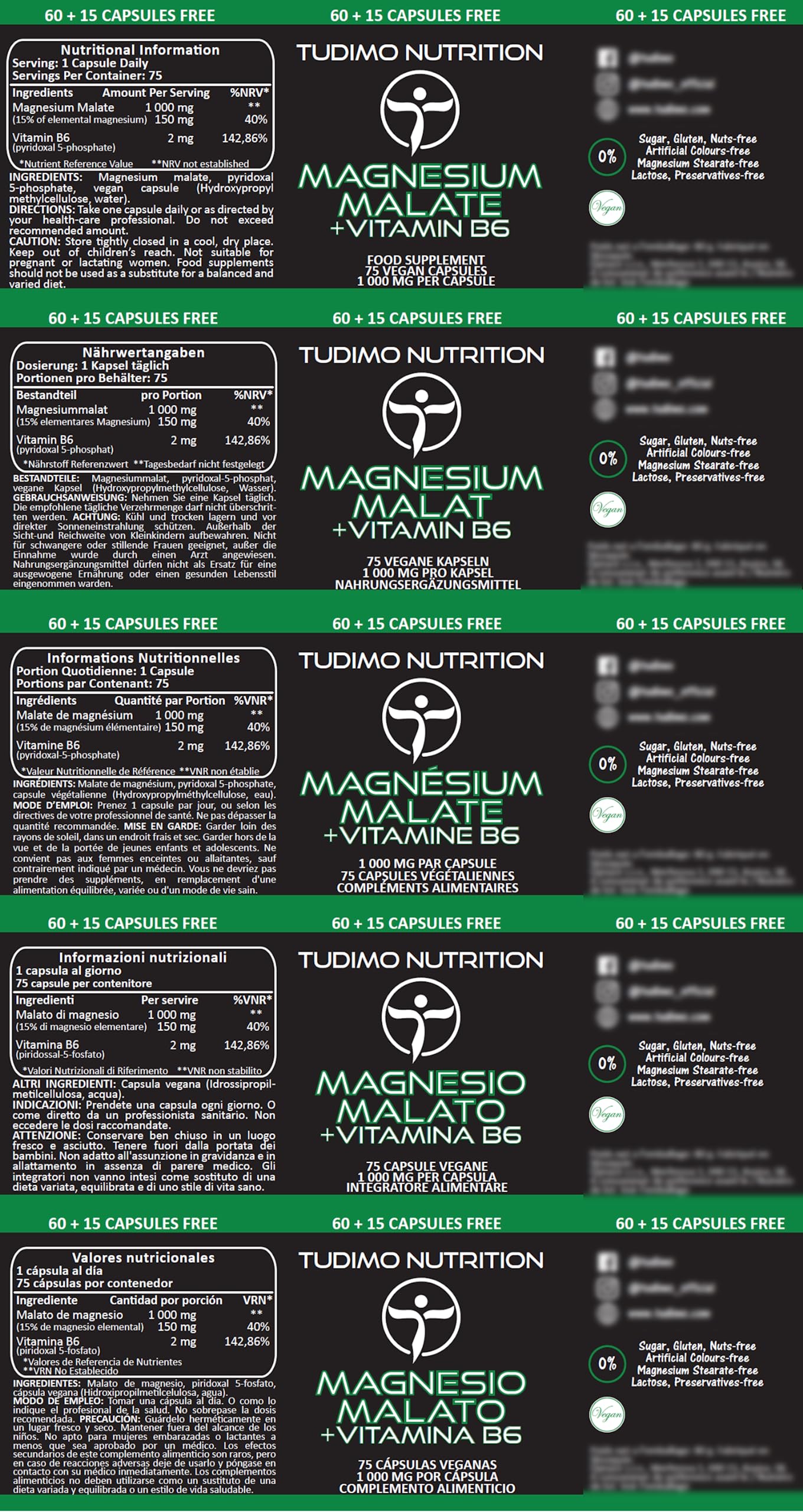 TUDIMO Magnesium Malate Vegan Capsules and Vitamin B6 – 150mg of Elemental Magnesium with Vit B6 – 75 pcs (2+ Month Supply) of Rapidly Disintegrating Caps, 150 mg of Magnesium Mineral + B6 Powder