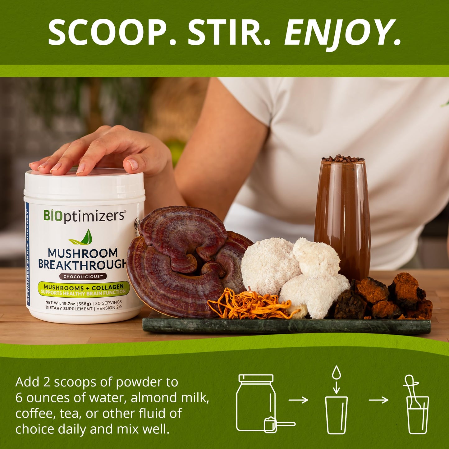 BiOptimizers Chocolicious Mushroom Breakthrough | Nootropic Supplement Blended Powder of Mushroom, Collagen & Superfoods: Lion’s Mane, Chaga, Reishi | 30 Servings
