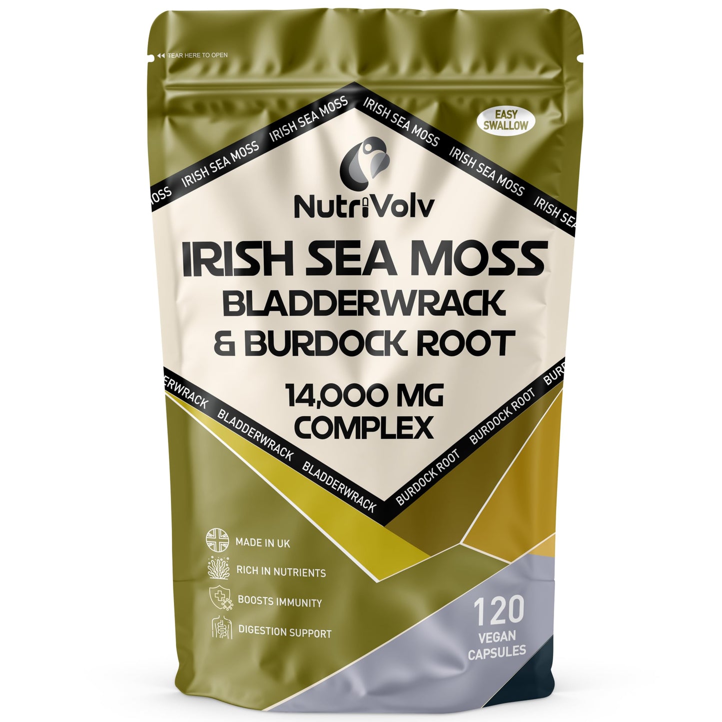NutriVolv Irish Sea Moss, Bladderwrack & Burdock Root Complex 14,000mg | 120 High Strength Capsules Providing 120 Day Supply | North Atlantic Irish Sea Moss Supplement | No Fillers or Binders | Vegan & UK Made