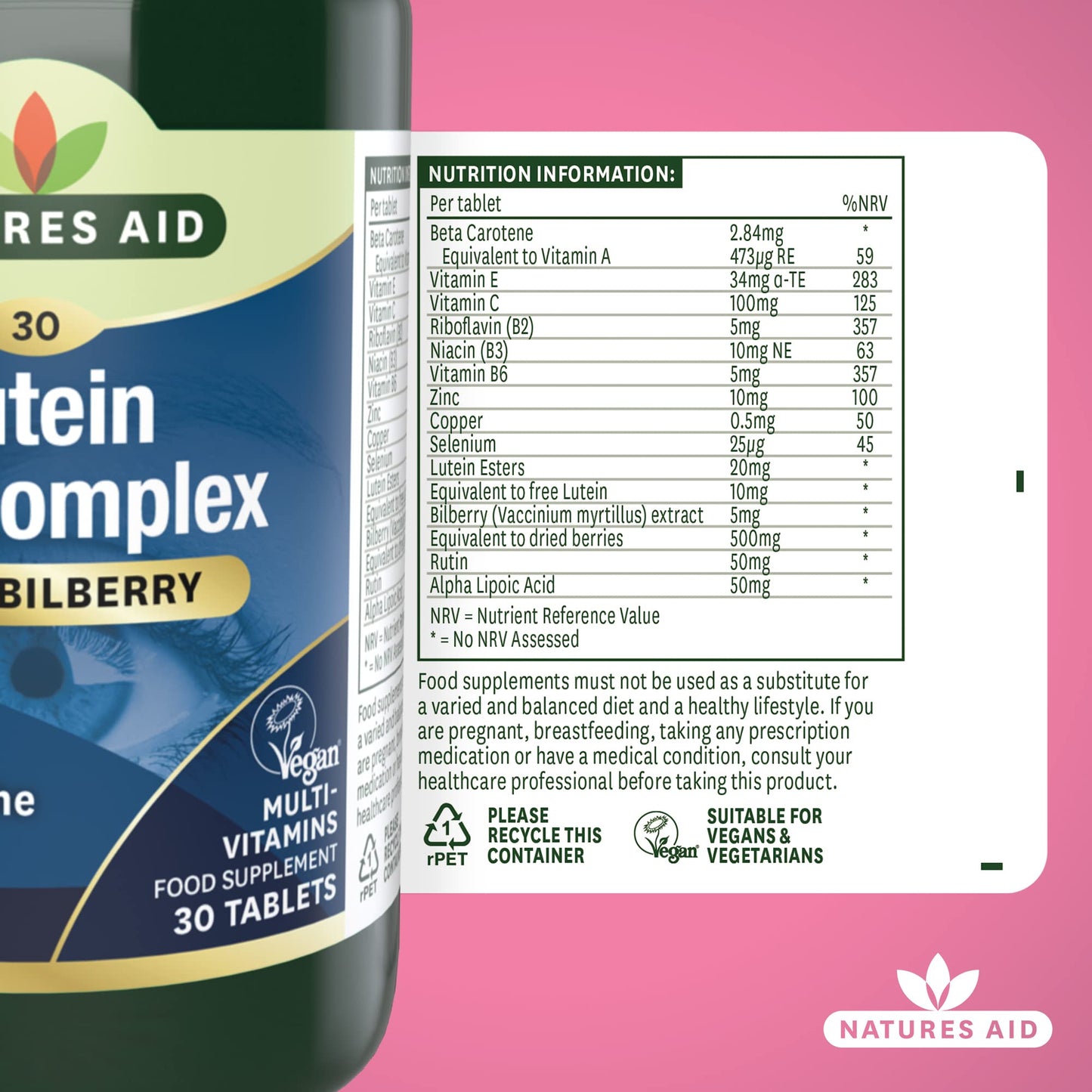 Natures Aid Lutein Eye Complex – High Strength Vision Support with Bilberry, Zinc & Vitamins C, E – Antioxidant Eye Health Supplement – Vegan, No Artificial Additives – 30 Tablets