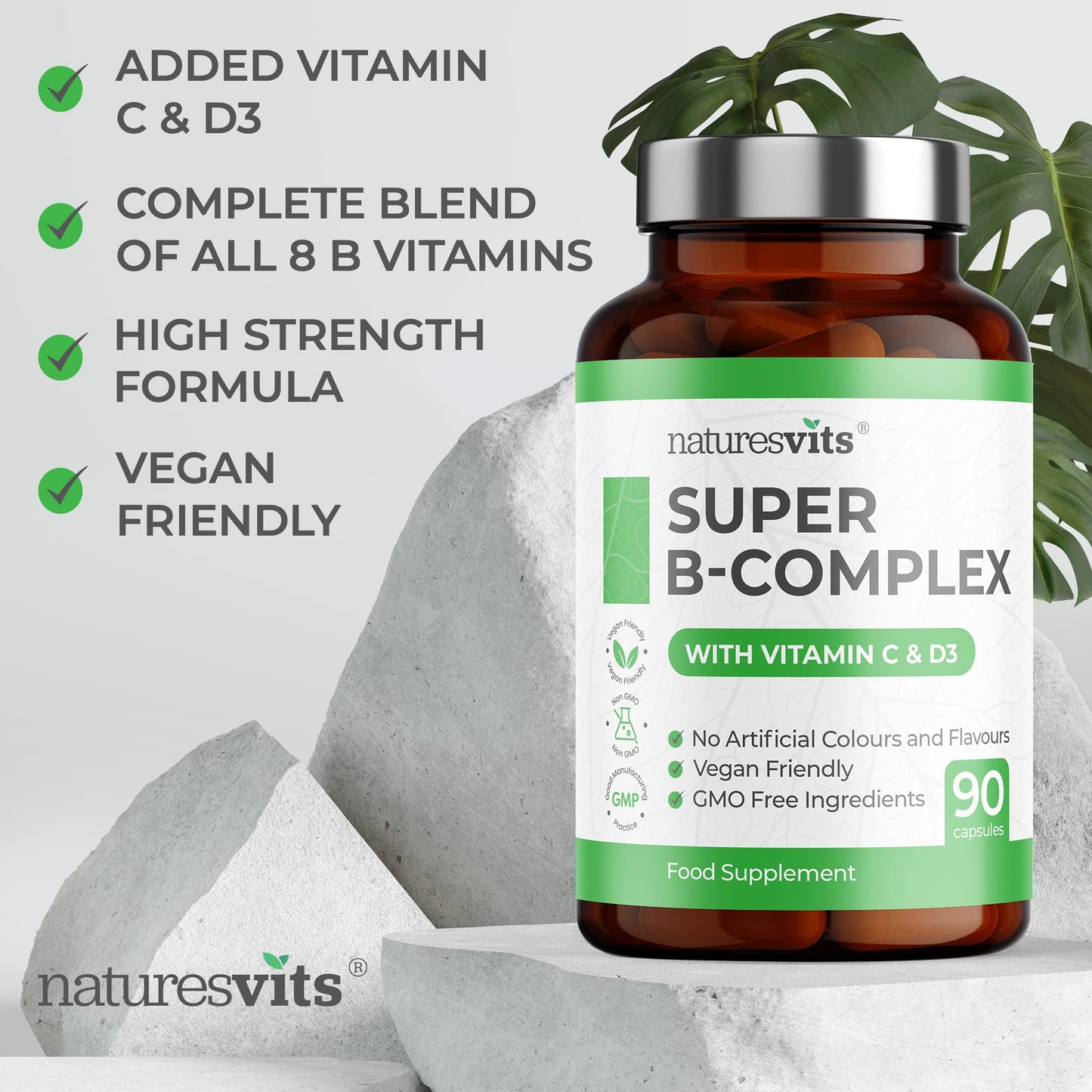High Strength Vitamin B Complex, 90 Capsules - Contains Vitamin C and D, Folic Acid, Biotin, Thiamine, Riboflavin, Niacin, Pantothenic Acid and More - Supplements for Fatigue