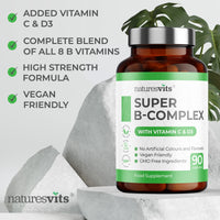 High Strength Vitamin B Complex, 90 Capsules - Contains Vitamin C and D, Folic Acid, Biotin, Thiamine, Riboflavin, Niacin, Pantothenic Acid and More - Supplements for Fatigue
