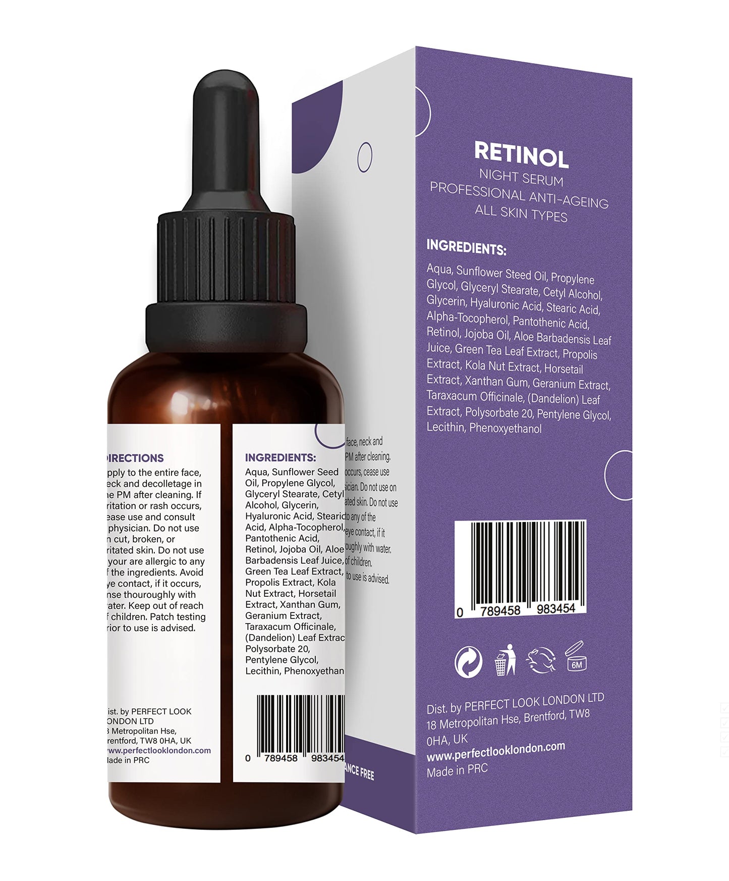Perfect Look London Retinol Serum for face with Hyaluronic Acid, Advanced Anti Aging and Wrinkle High Strength Formula with Vitamin A/Retinoid Facelift Specialist for Reducing Wrinkles & Acne 30ml