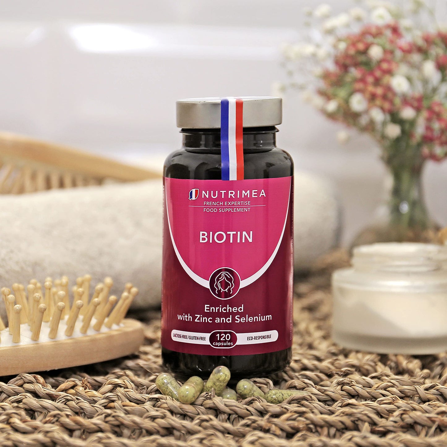 Biotin Hair & Nail Growth Supplement - Enriched with Zinc & Selenium - Contributes to Skin Care - 120 Vegan Capsules - French Expertise