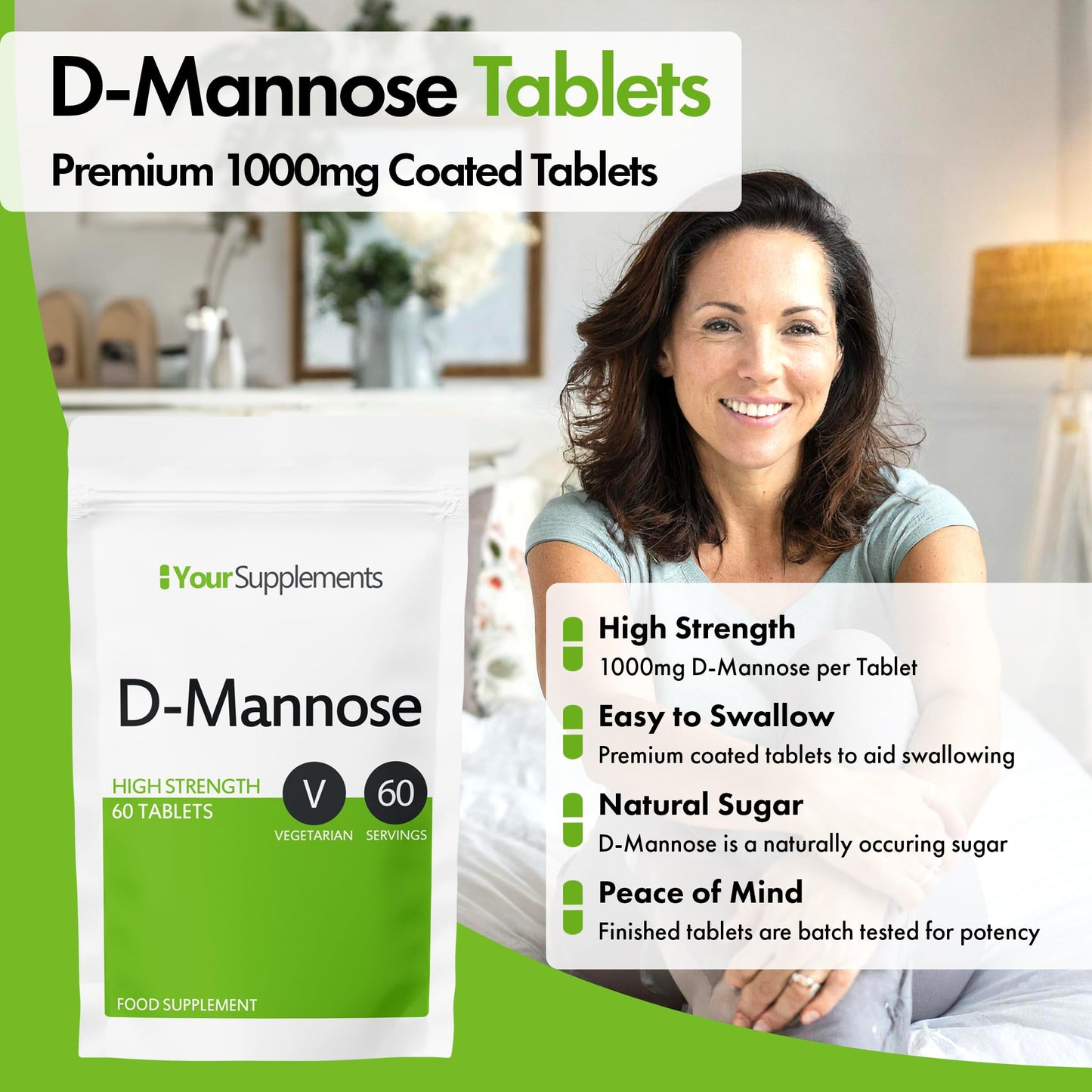 D-Mannose Tablets 1000mg | Easy Swallow Coated Tablets | 60 Pack | High Strength | Natural Relief & Vegan Friendly