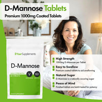 D-Mannose Tablets 1000mg | Easy Swallow Coated Tablets | 60 Pack | High Strength | Natural Relief & Vegan Friendly