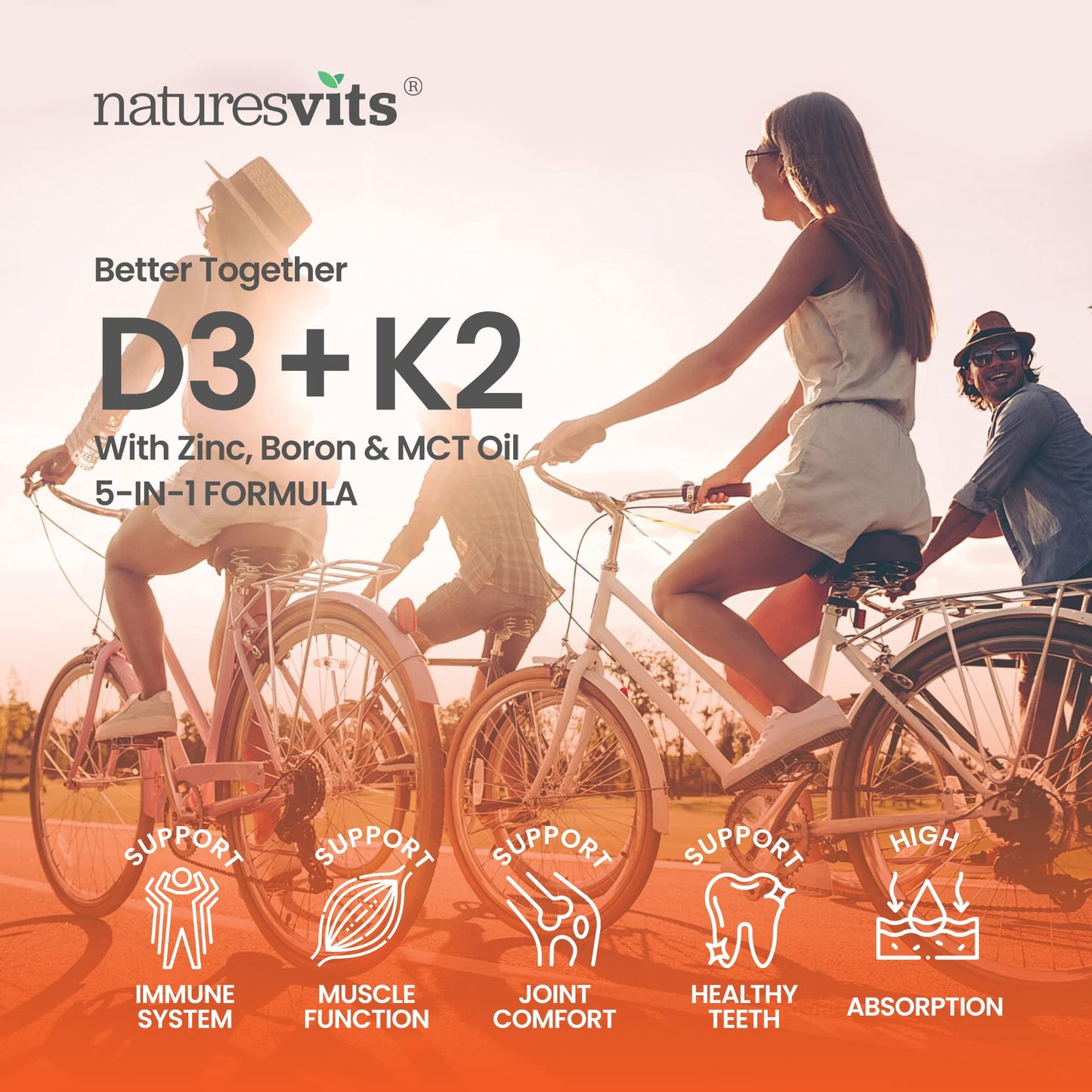 NaturesVits Vitamin D3 and K2 Bone Supplement - with Zinc, MCT Oil and Boron for Calcium Absorption for Joint Care - High Strength Natural Supplements for Women and Men