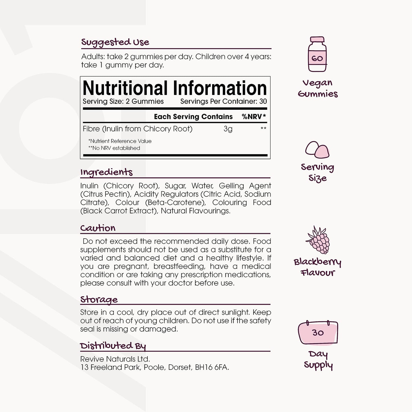 ALPHA01 Prebiotic Fibre Gummies - 3g - Chicory Root Inulin, BlackBerry, Strawberry & Peach Flavour - Kosher, Halal - 60 Vegan Gummies.