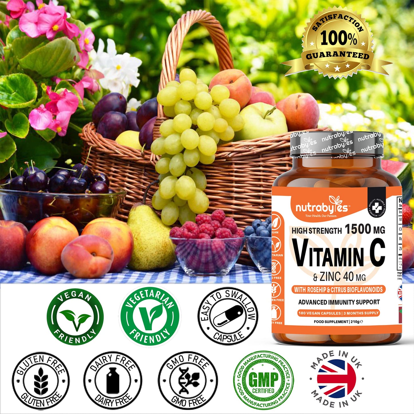 NUTRABYTES High Strength Vitamin C and Zinc Capsules | Vitamin C 1500mg and Zinc 40mg | Enhanced with Rosehip and Citrus Bioflavonoids | for Maintenance of Normal Immune System | 180 Vegan Capsules | Made in UK