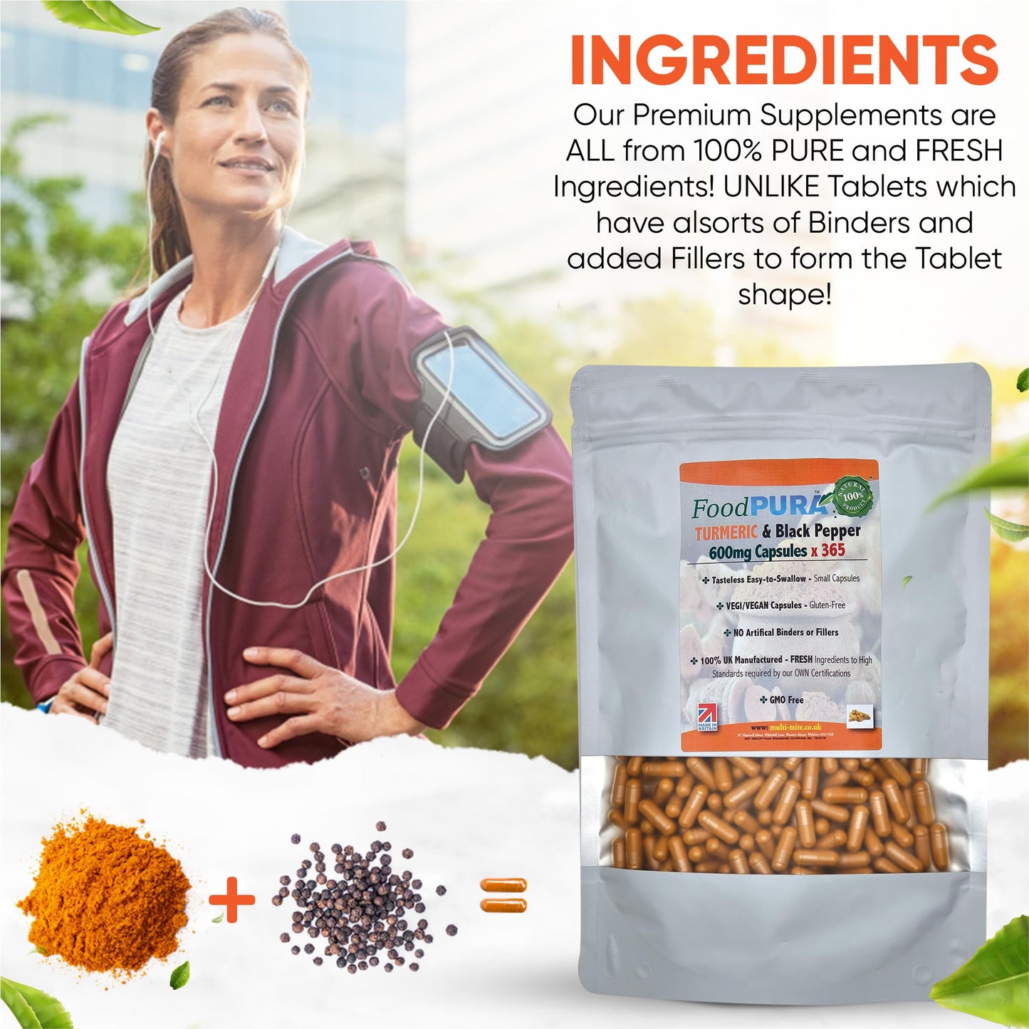 FoodPURA Turmeric with Black Pepper Capsules High Strength 600mg HACCP Certified, Manufactured in The UK by FoodPURA 1 Pack of 365 Capsules