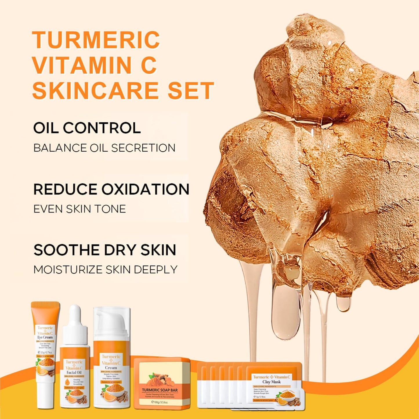 Lumiter Turmeric Skin Care Sets & Kits, Dark Spot Remover for Face Skincare Set, Eye Cream+Turmeric Oil+Face Cream+Turmeric Soap Bar+Mud Mask, Reduce Blemishes Acne, Pamper Sets for Women Gifts, 10pcs